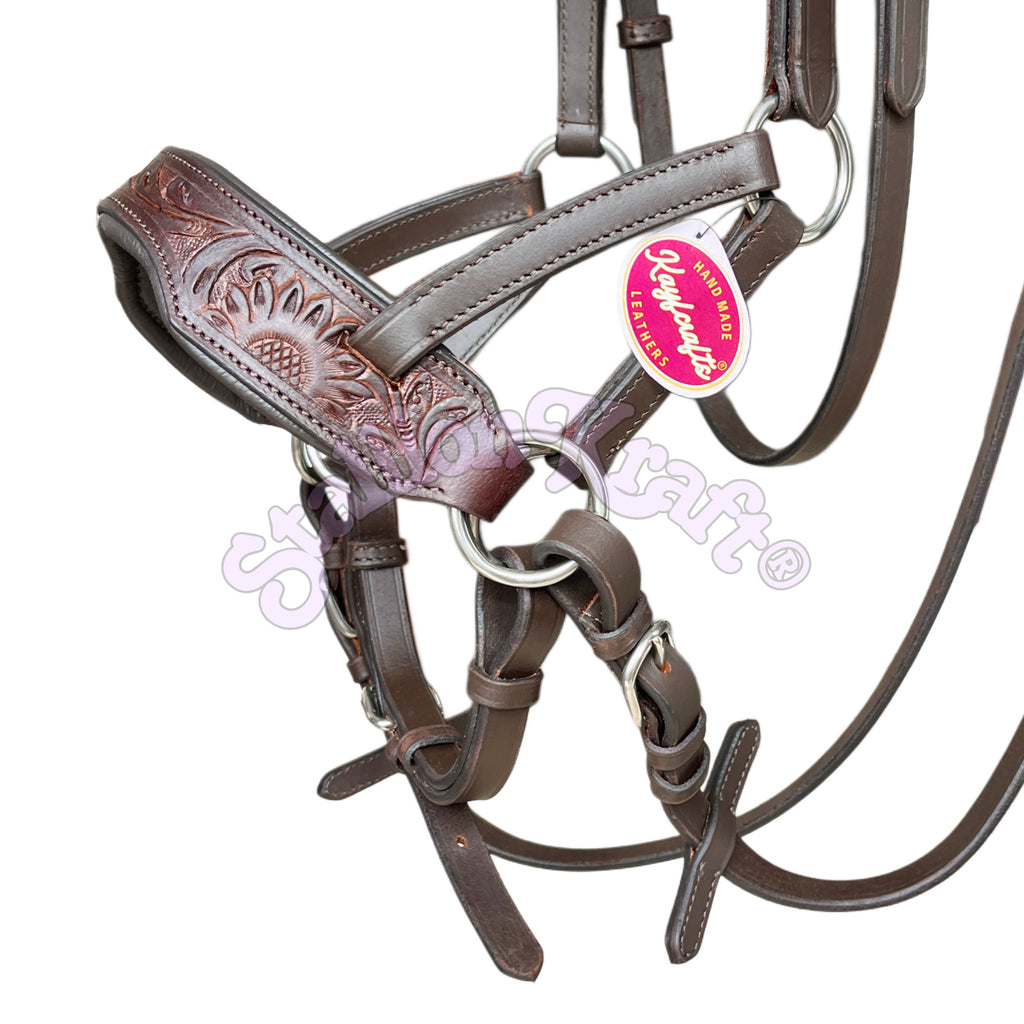 Antique Dark Brown Leather Sidepull Bitless Bridle  Hand Tooled Full Grain Leather with Matching Reins