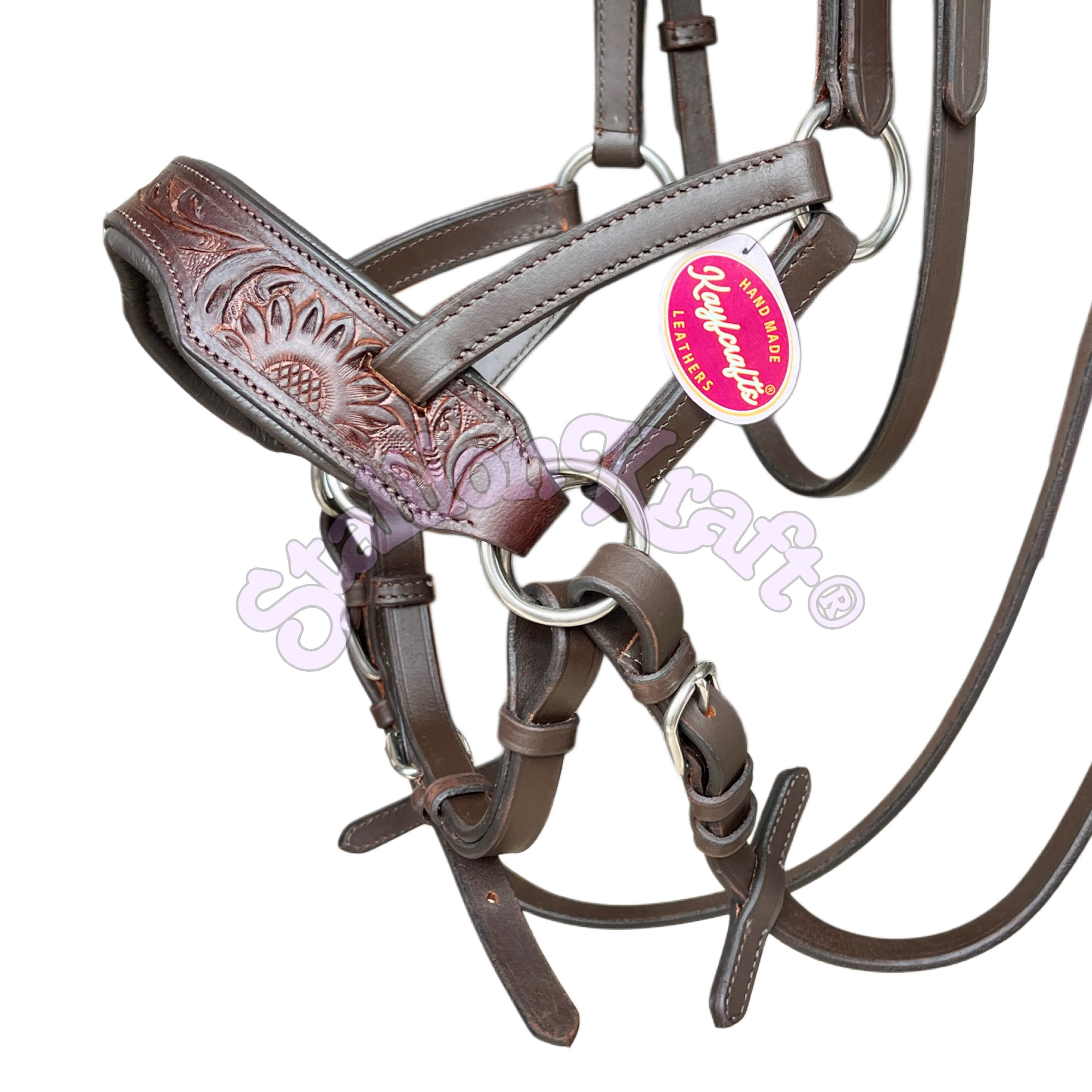 Antique Dark Brown Leather Sidepull Bitless Bridle  Hand Tooled Full Grain Leather with Matching Reins