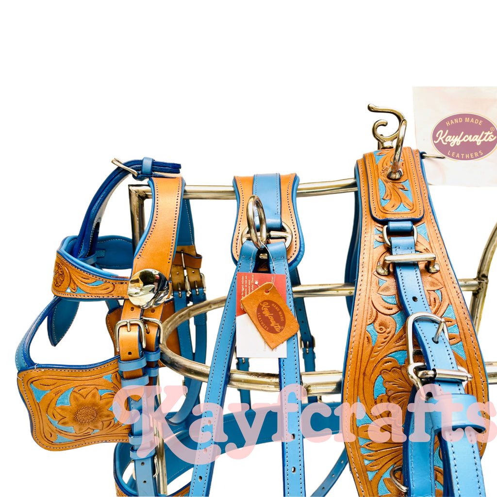 Blue & Natural Leather Single Horse Driving Harness Set – Soft Cushioned Padding