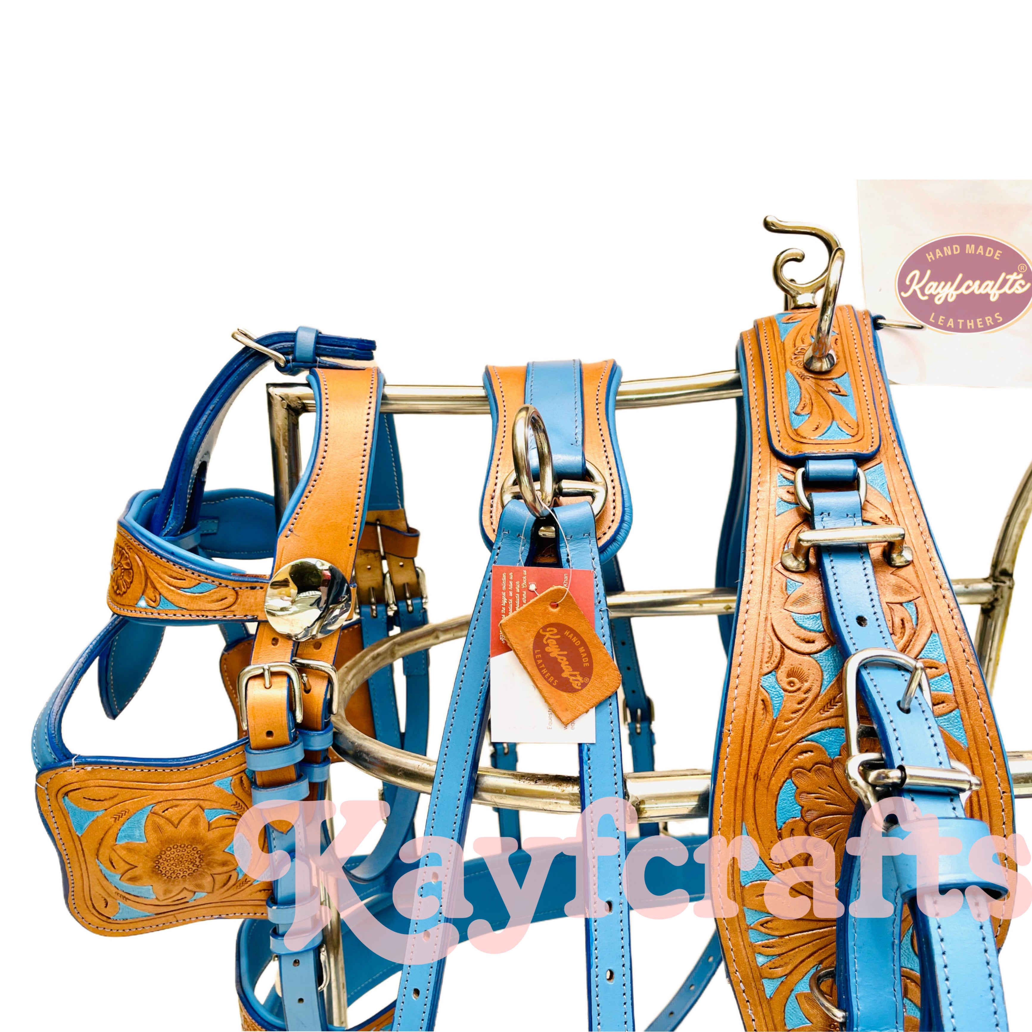 Blue & Natural Leather Single Horse Driving Harness Set – Soft Cushioned Padding