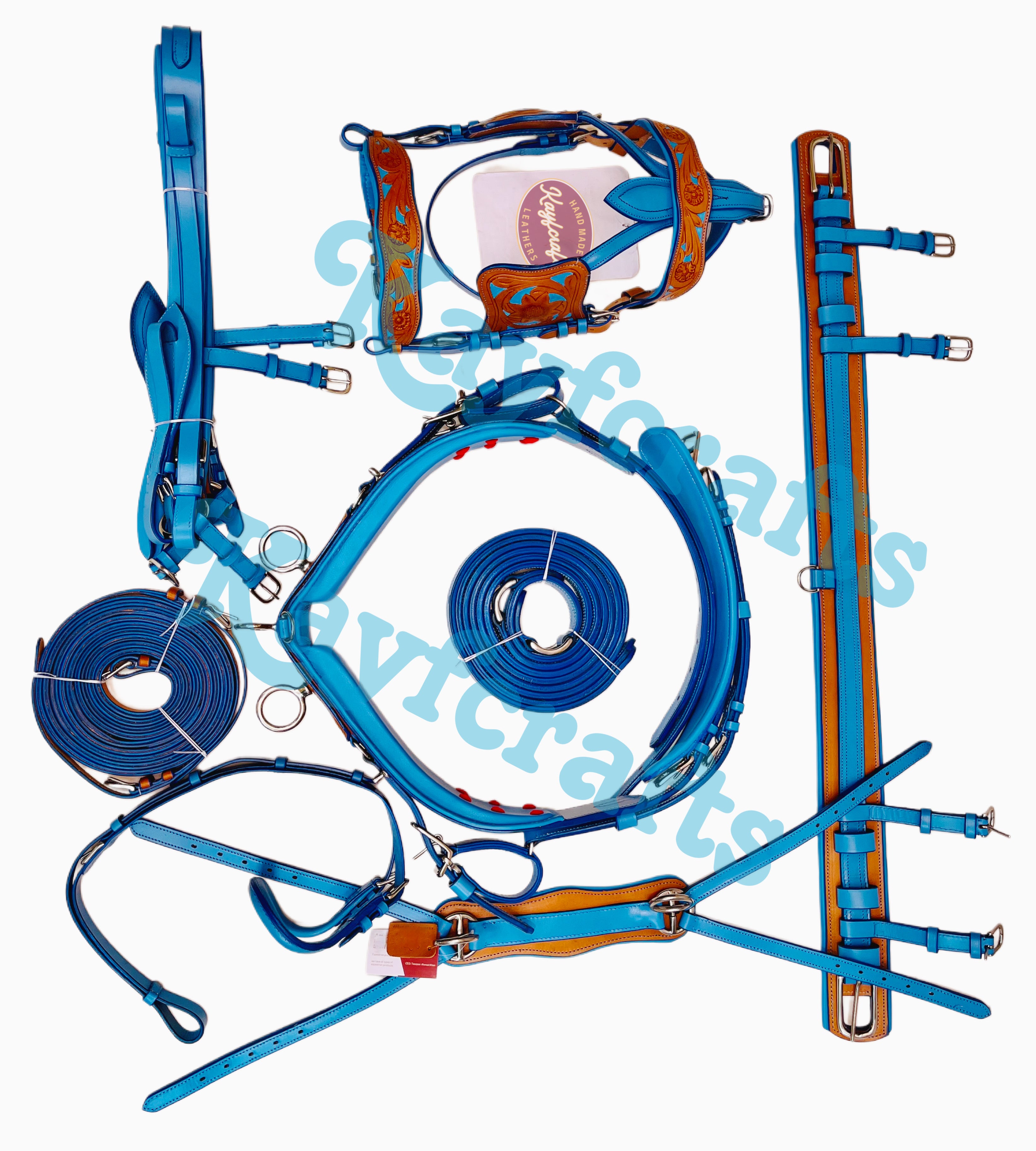 Blue & Natural Leather Single Horse Driving Harness Set – Soft Cushioned Padding
