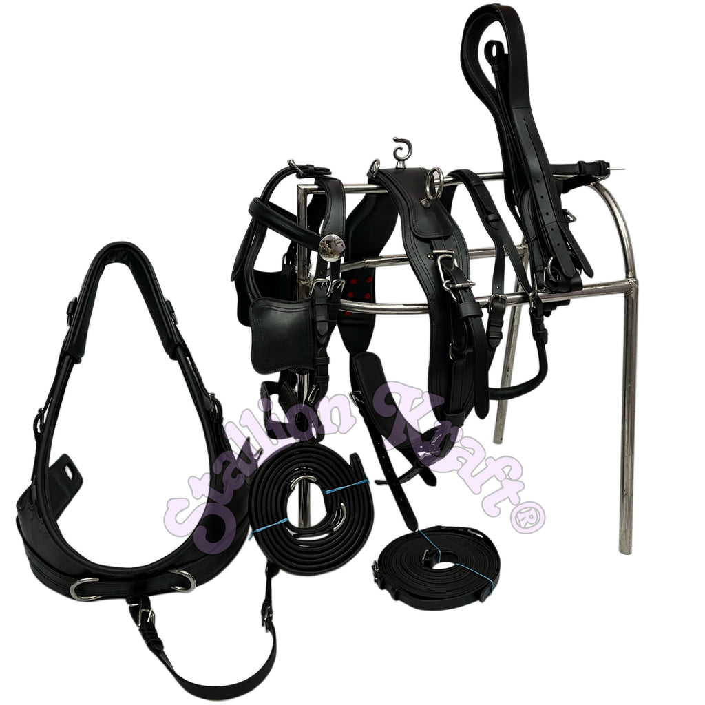 Handcrafted All Black English Pattern Genuine Full Grain Oiled Leather Horse Harness with French Collar