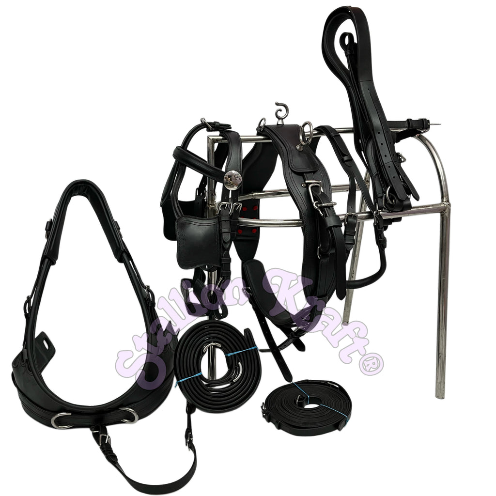 Handcrafted All Black English Pattern Genuine Full Grain Oiled Leather Horse Harness with French Collar
