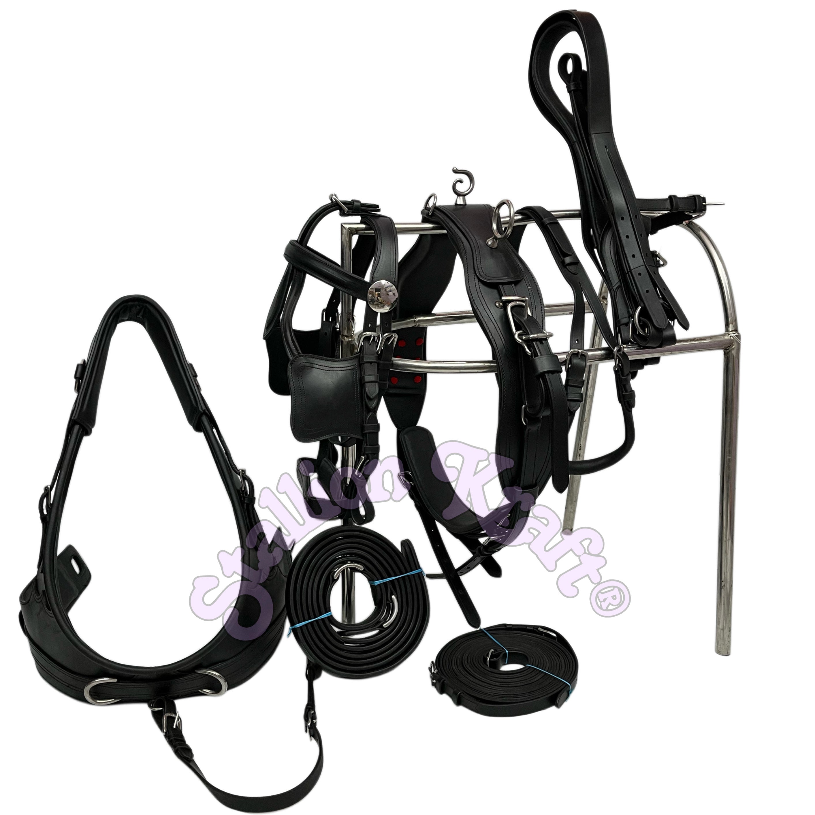 Handcrafted All Black English Pattern Genuine Full Grain Oiled Leather Horse Harness with French Collar