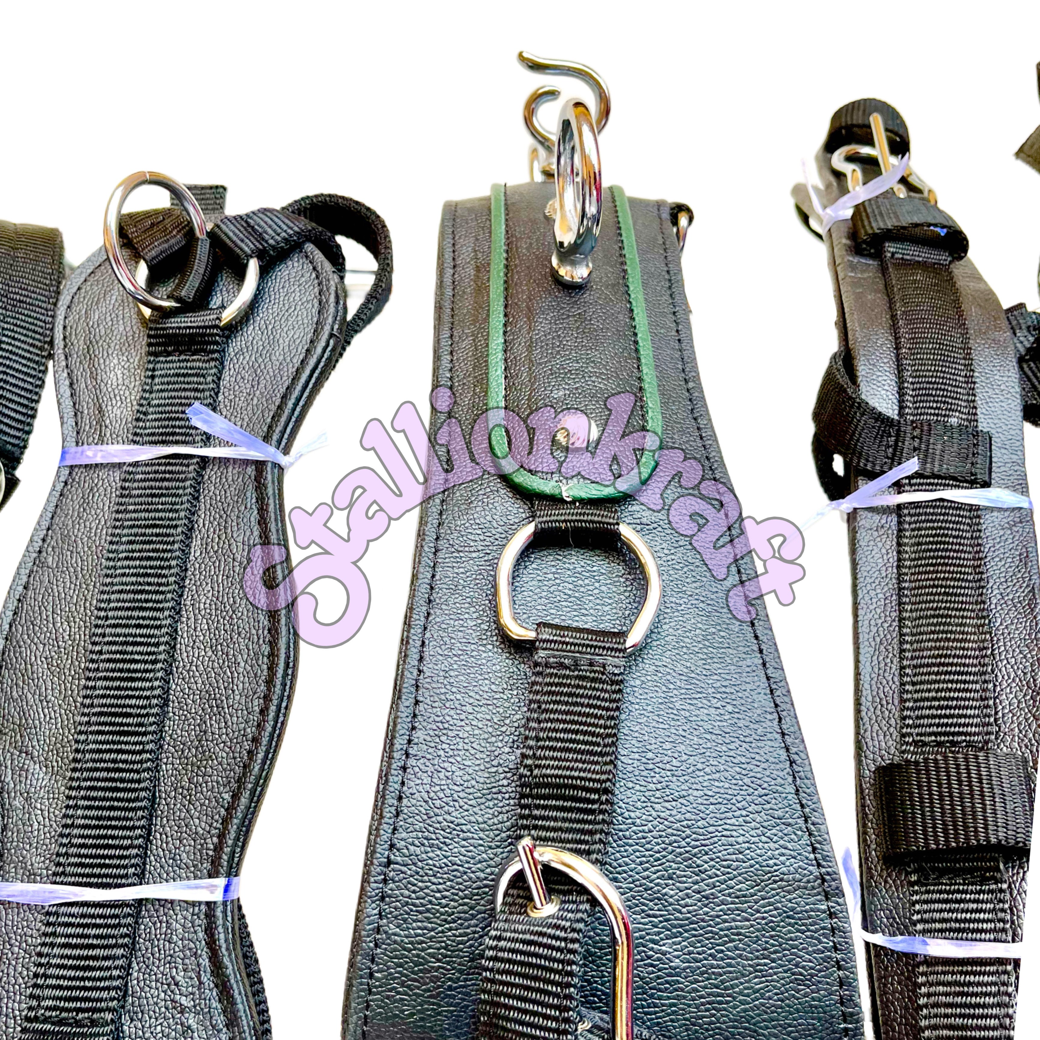 Dual Tone Black and Green Nylon Horse Driving Harness with Studded Bridle and Padded Saddle