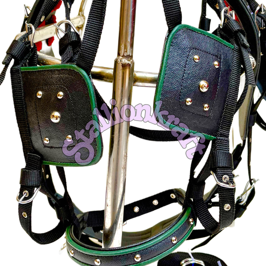 Dual Tone Black and Green Nylon Horse Driving Harness with Studded Bridle and Padded Saddle