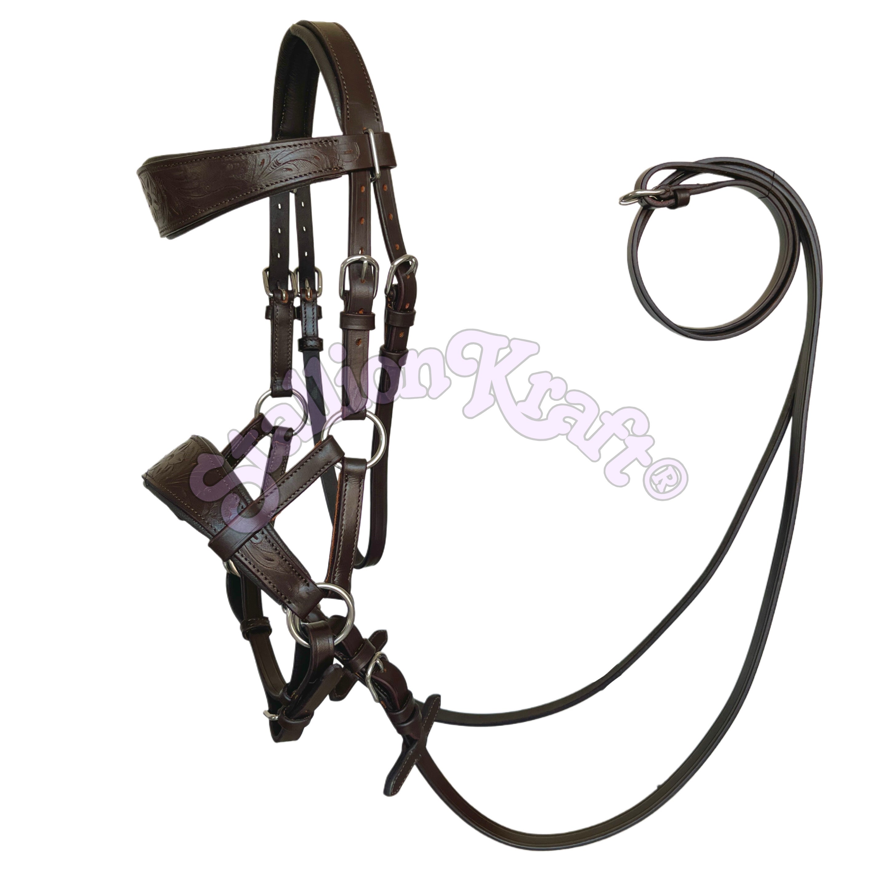 Brown Oval Sidepull Bitless Horse Bridle Full Grain Leather Hand Tooled Bridle