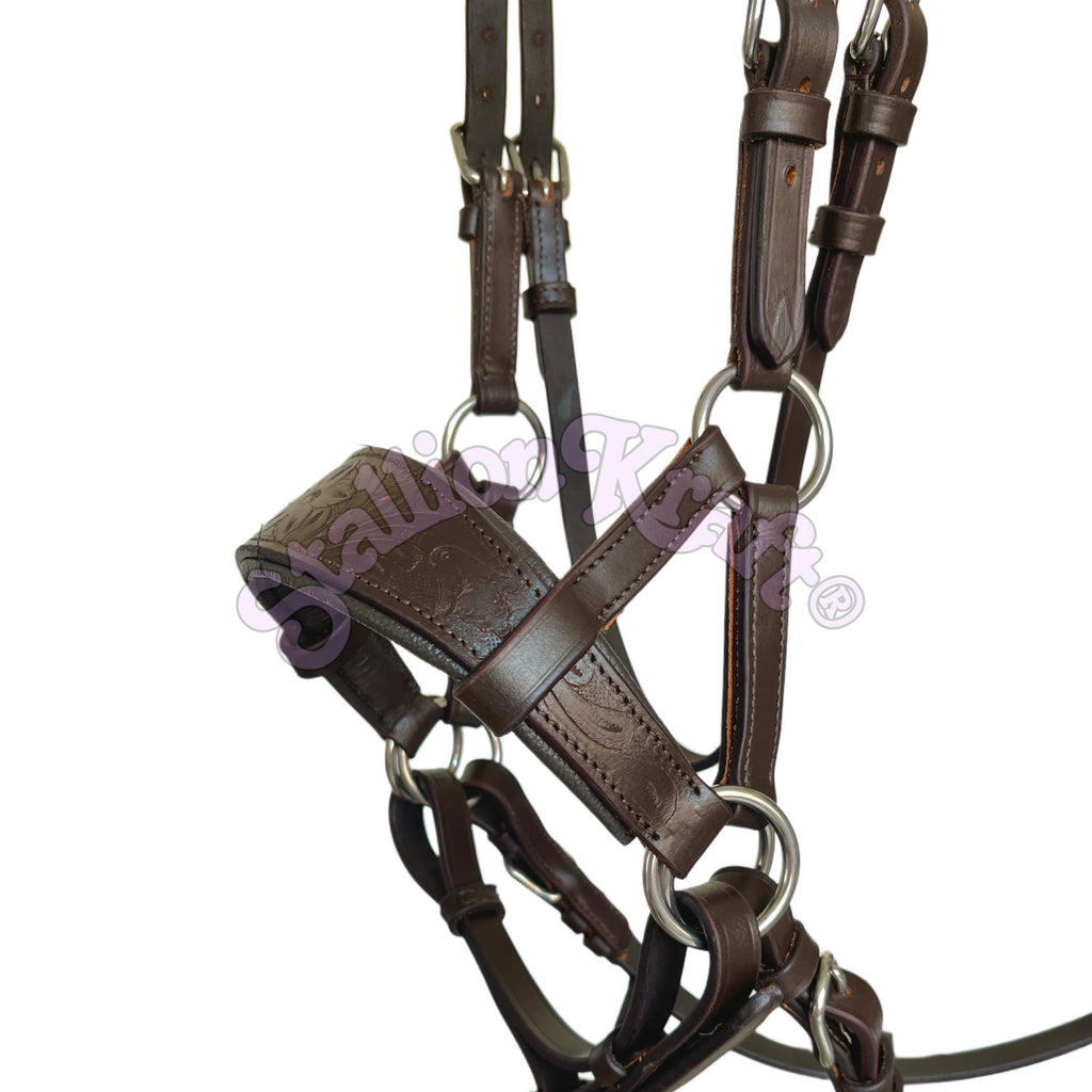 Brown Oval Sidepull Bitless Horse Bridle Full Grain Leather Hand Tooled Bridle