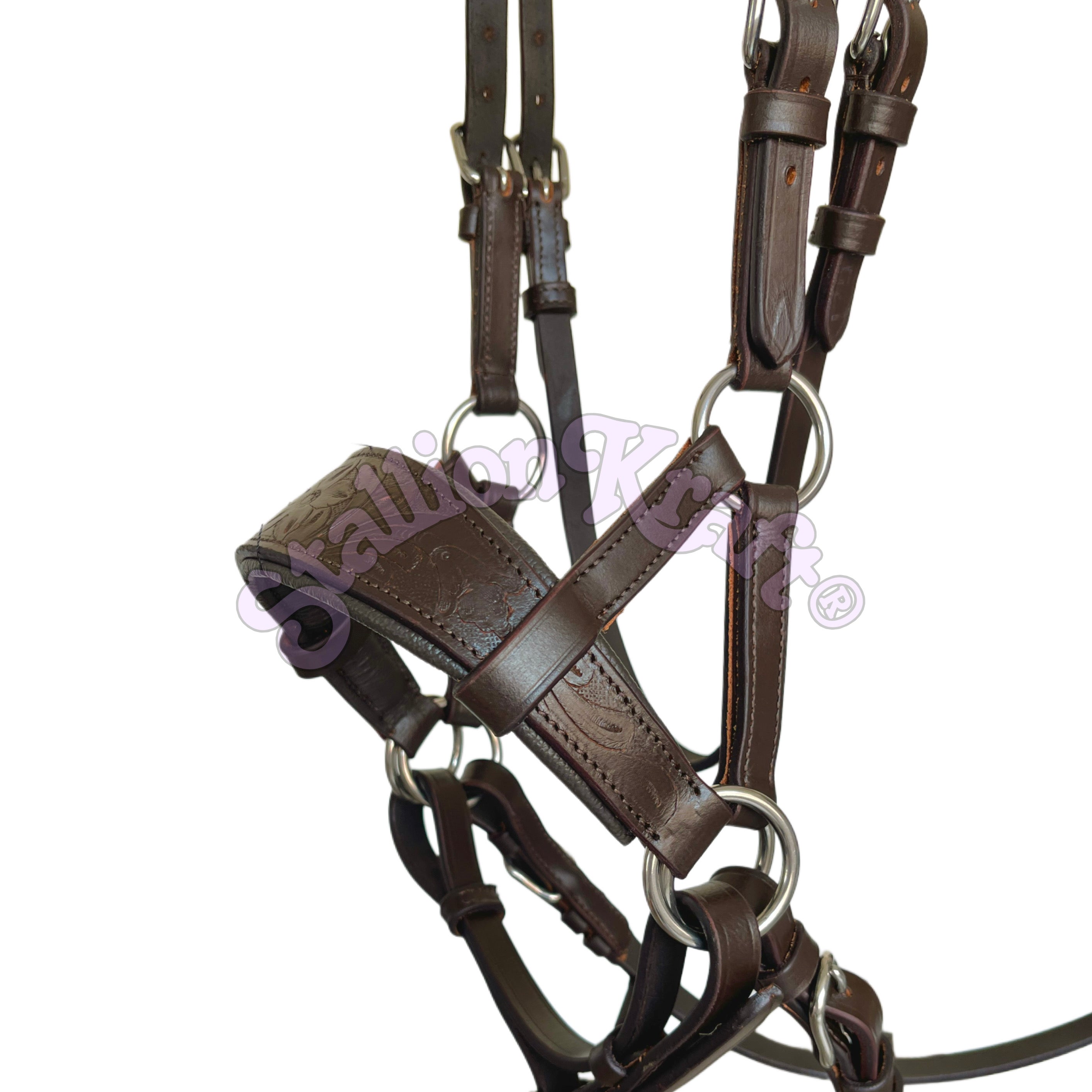 Brown Oval Sidepull Bitless Horse Bridle Full Grain Leather Hand Tooled Bridle