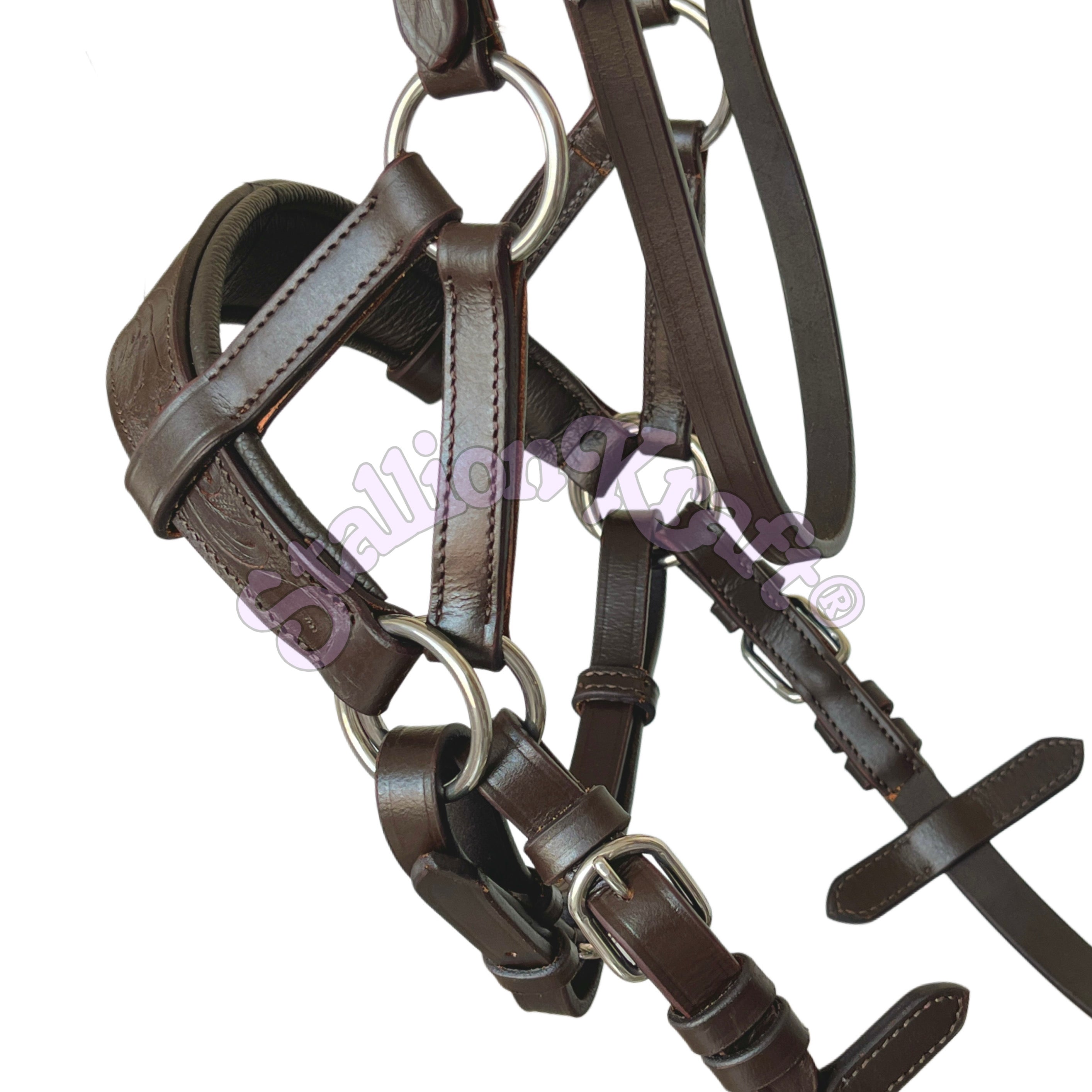 Brown Oval Sidepull Bitless Horse Bridle Full Grain Leather Hand Tooled Bridle