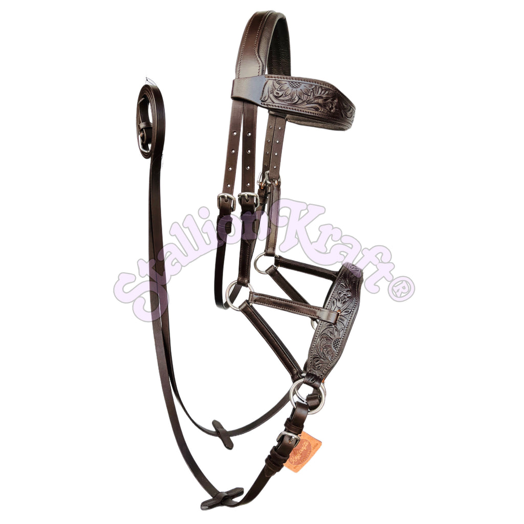 Oiled Brown Hand Tooled Sidepull Bitless Bridle | Full Grain Leather with Matching Reins