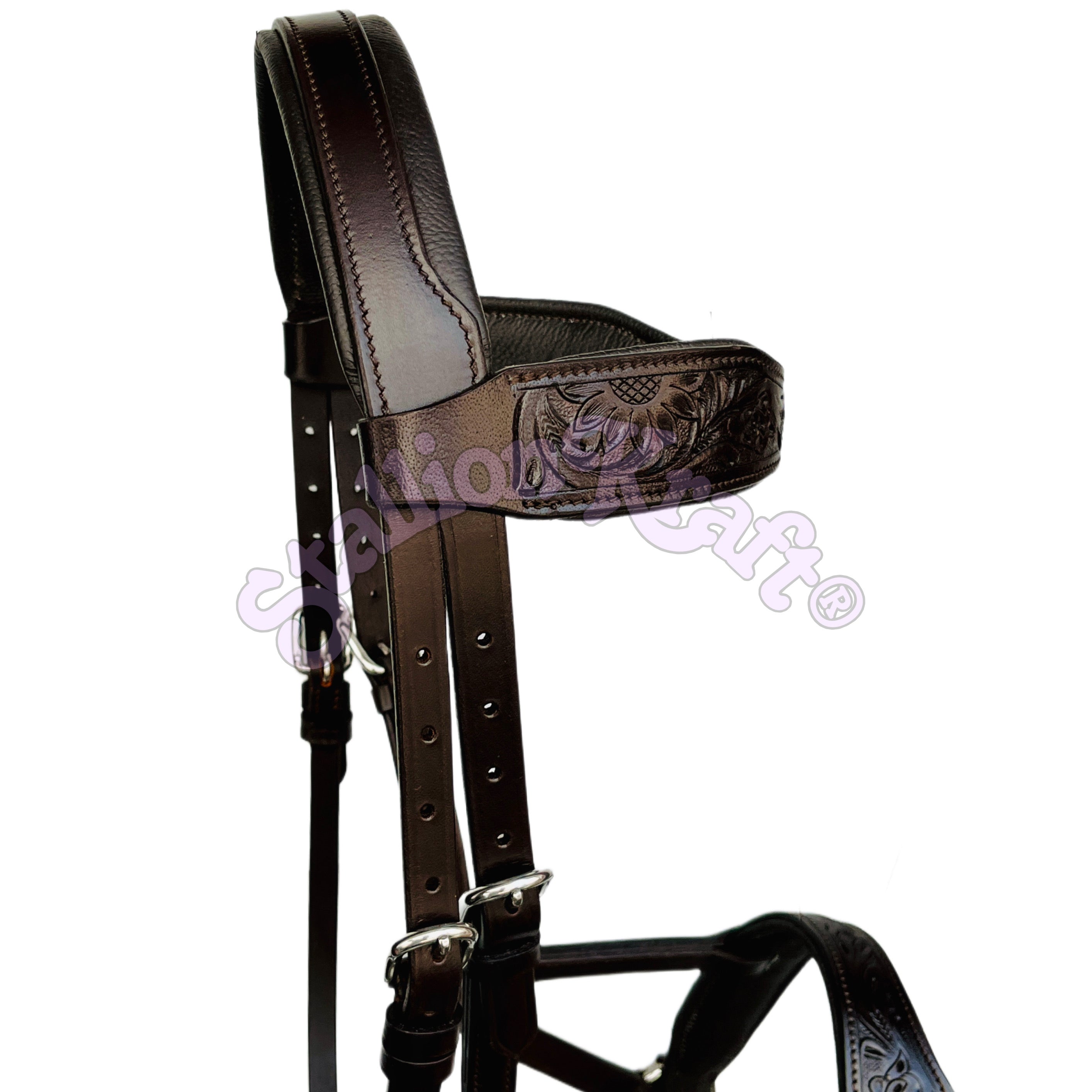 Oiled Brown Hand Tooled Sidepull Bitless Bridle | Full Grain Leather with Matching Reins