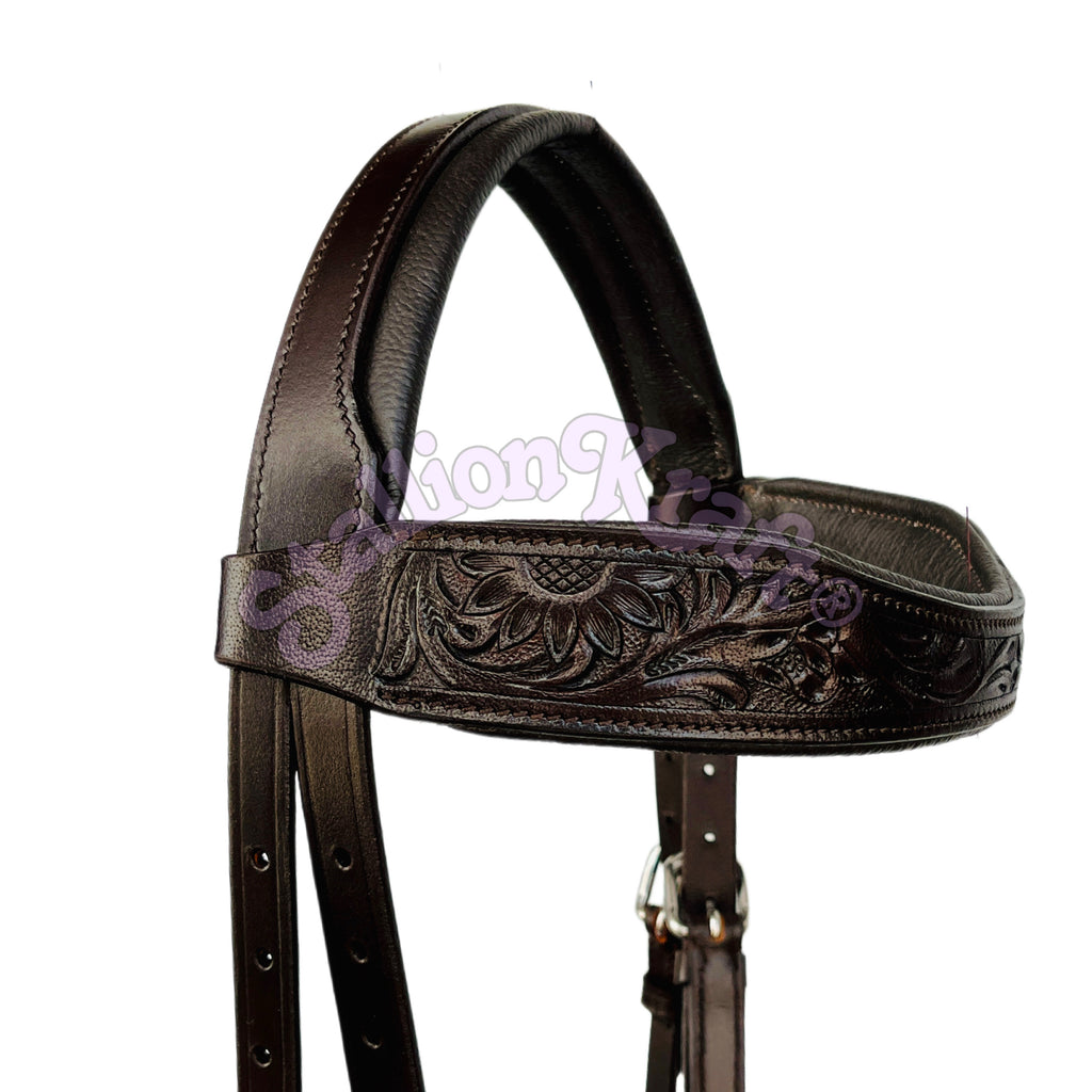 Oiled Brown Hand Tooled Sidepull Bitless Bridle | Full Grain Leather with Matching Reins