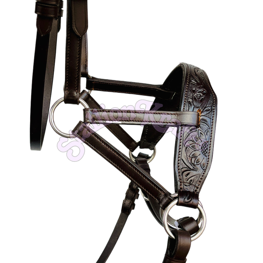 Oiled Brown Hand Tooled Sidepull Bitless Bridle | Full Grain Leather with Matching Reins