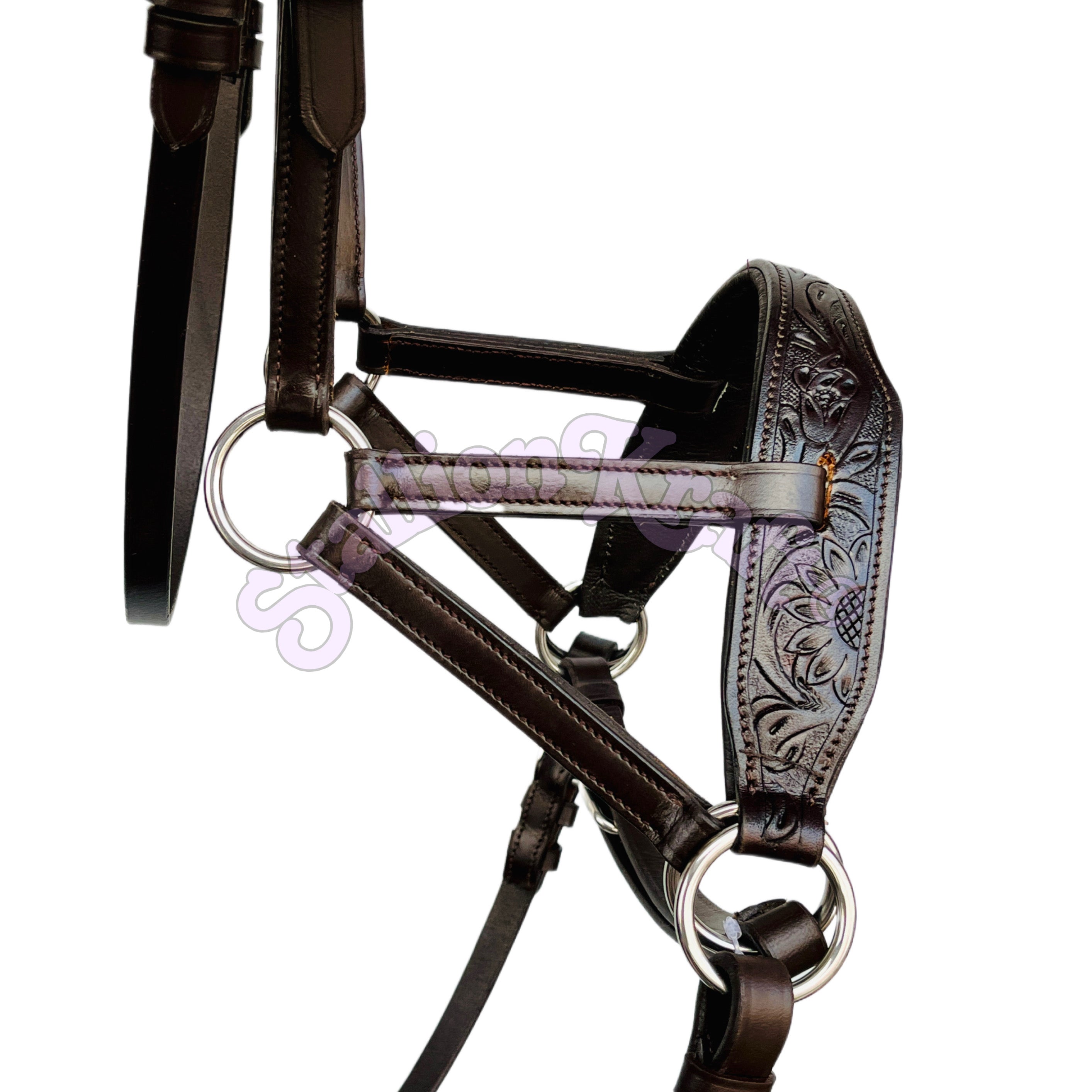 Oiled Brown Hand Tooled Sidepull Bitless Bridle | Full Grain Leather with Matching Reins