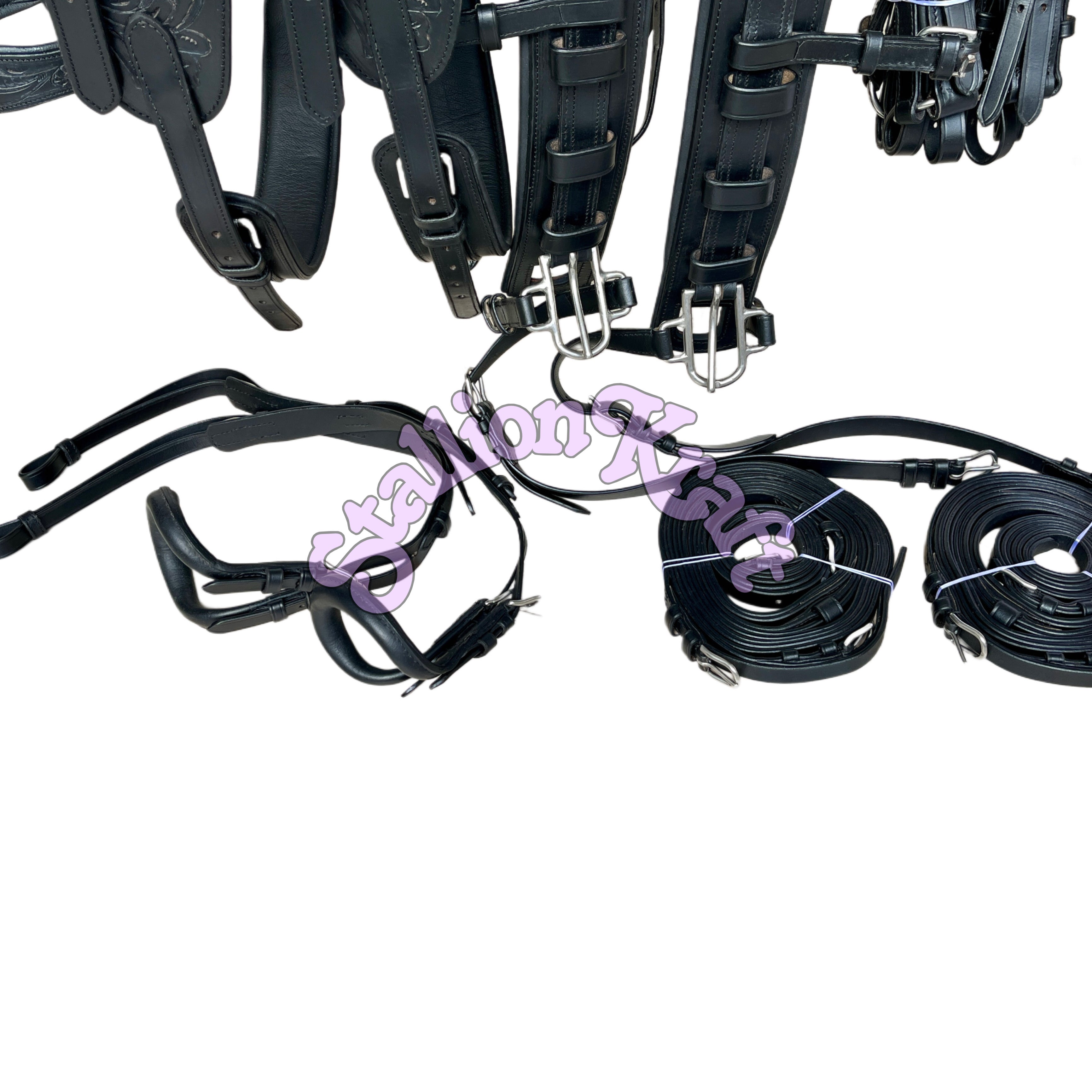 Premium Full Grain Black Leather Team Horse Driving Harness  Dual Horse Carriage Harness with Anatomical French Collar