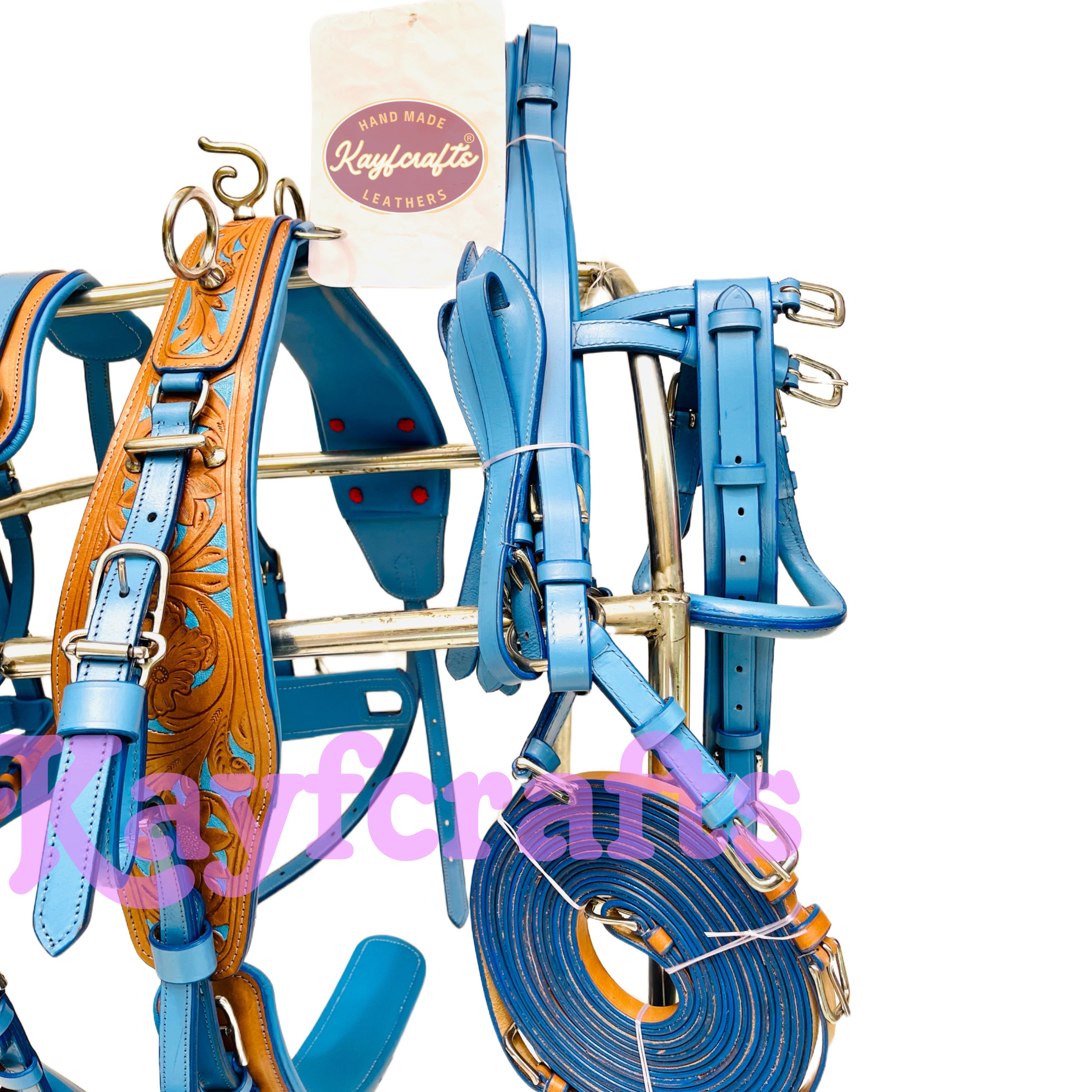 Blue & Natural Leather Single Horse Driving Harness Set – Soft Cushioned Padding