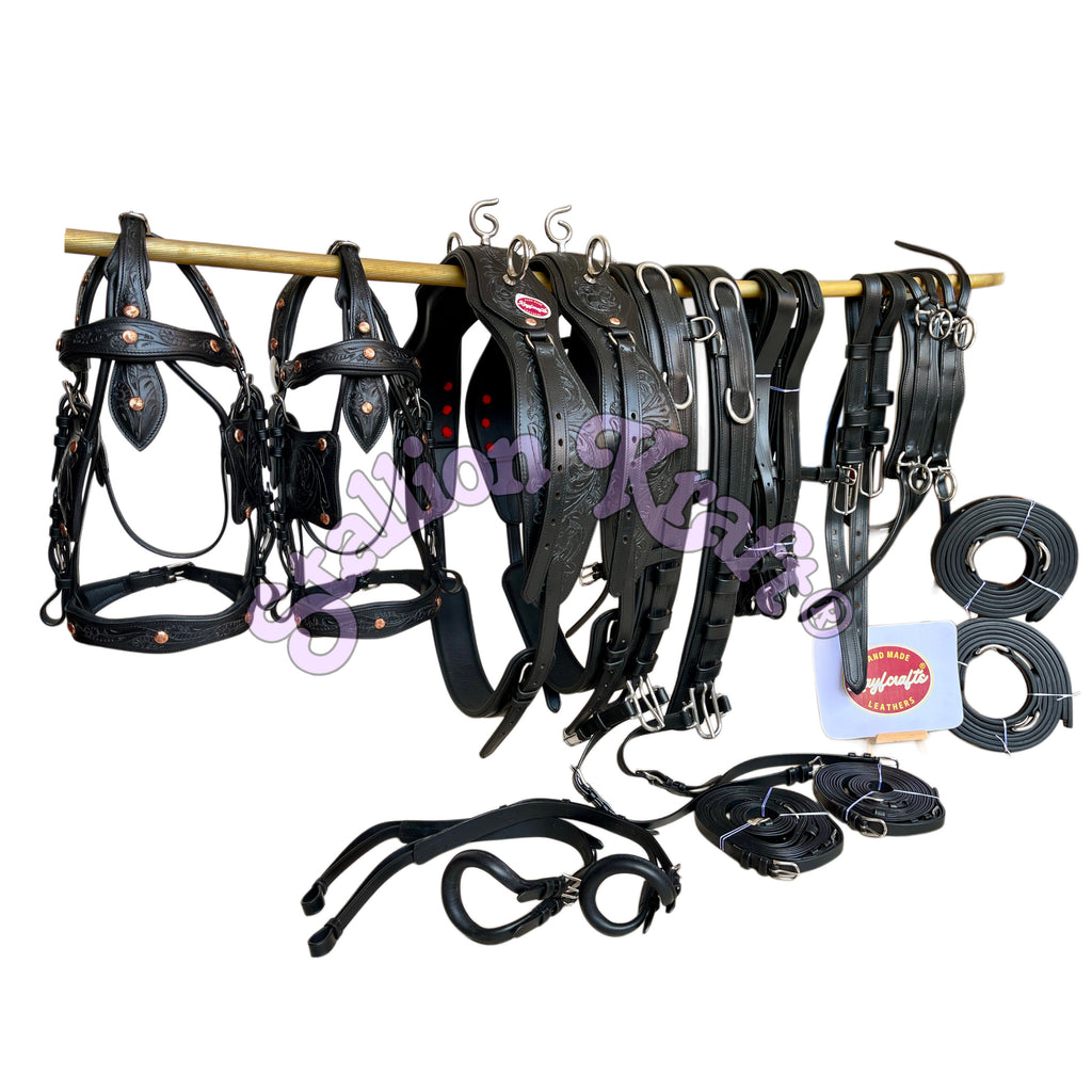 Team Pair Carriage Harness Full Grain Oiled Black Leather Horse Driving Harness