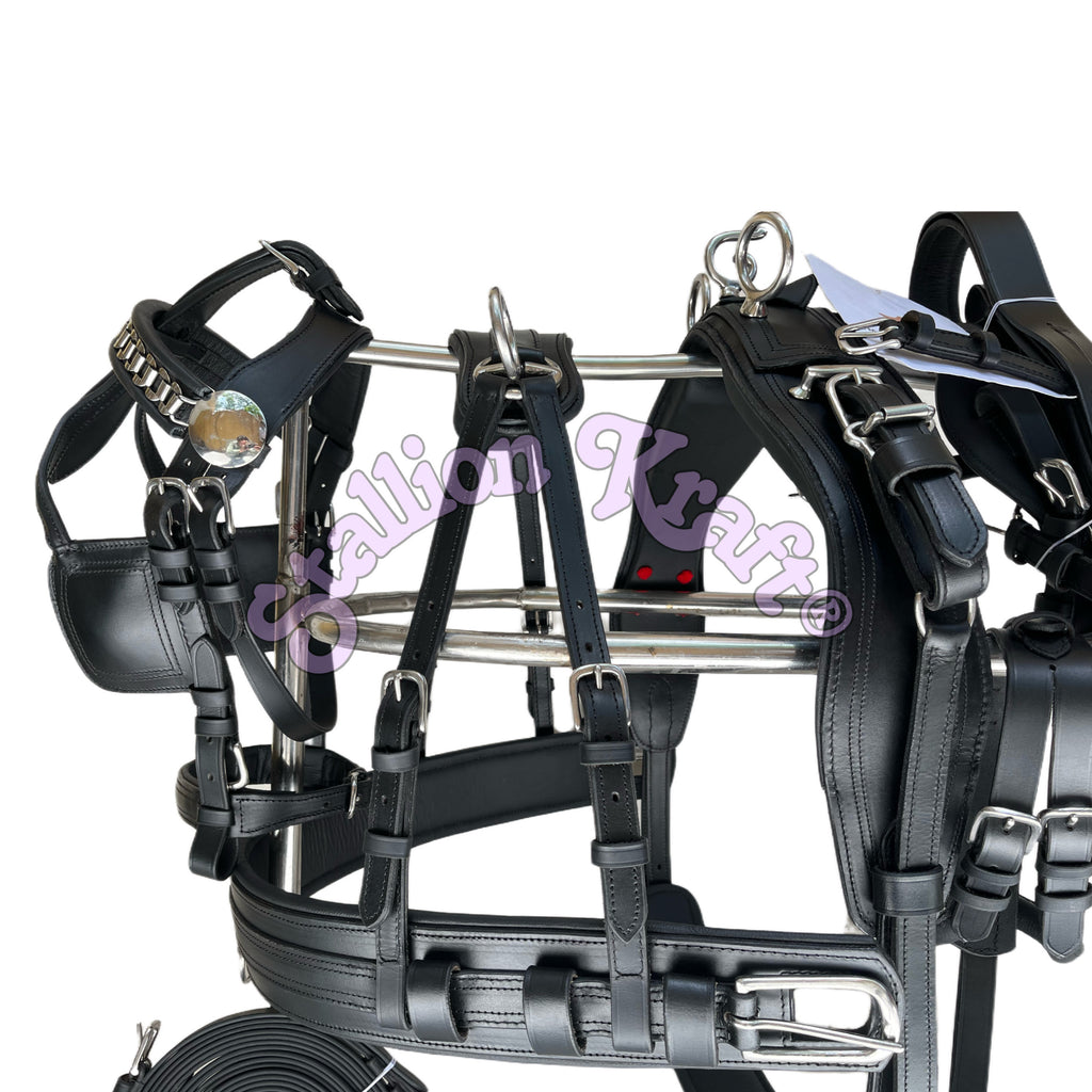 All Black English Pattern Horse Driving Harness with Chain Browband Full Grain Genuine Leather Carriage Harness Set