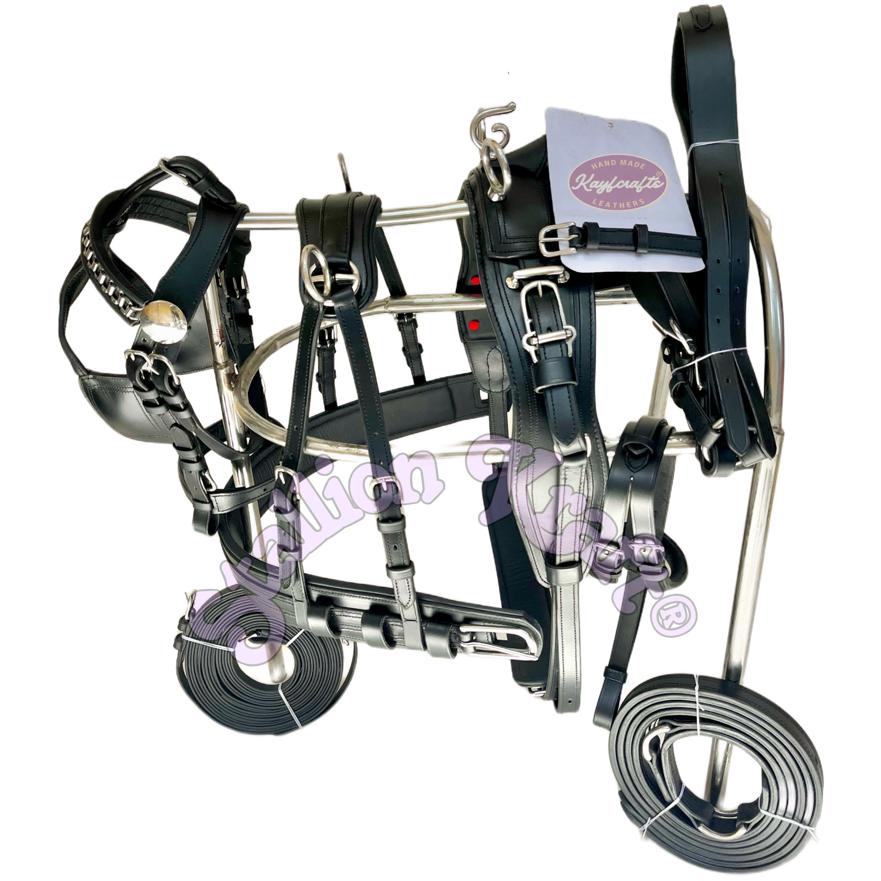All Black English Pattern Horse Driving Harness with Chain Browband Full Grain Genuine Leather Carriage Harness Set