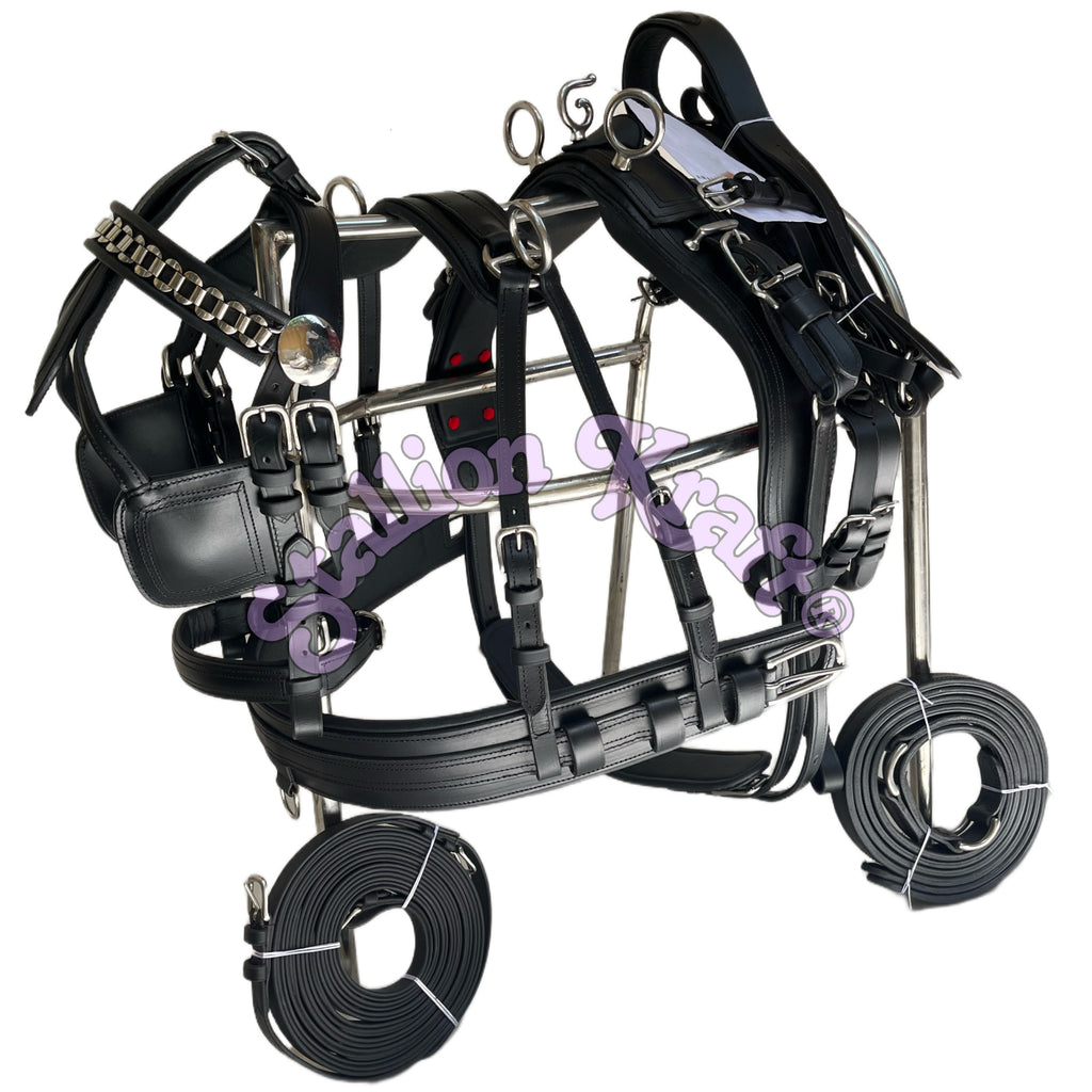 All Black English Pattern Horse Driving Harness with Chain Browband Full Grain Genuine Leather Carriage Harness Set