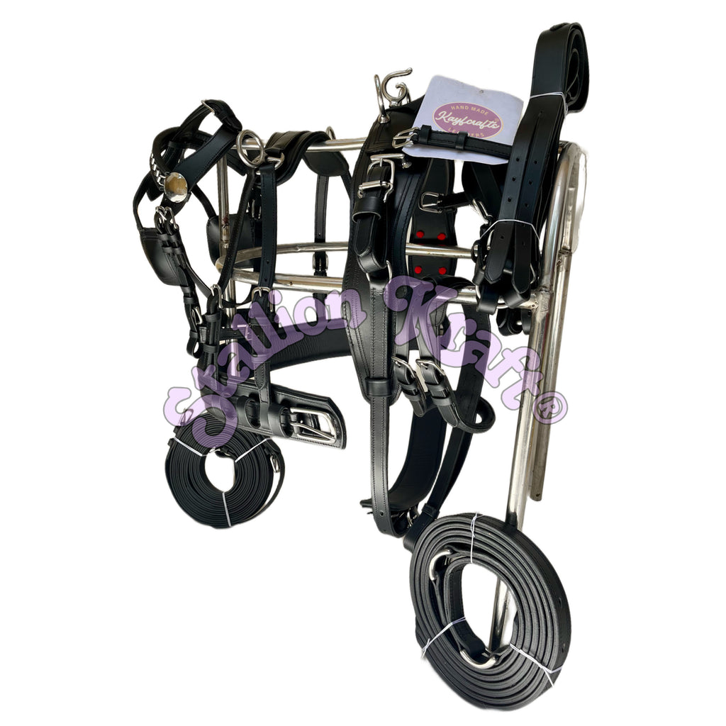 All Black English Pattern Horse Driving Harness with Chain Browband Full Grain Genuine Leather Carriage Harness Set