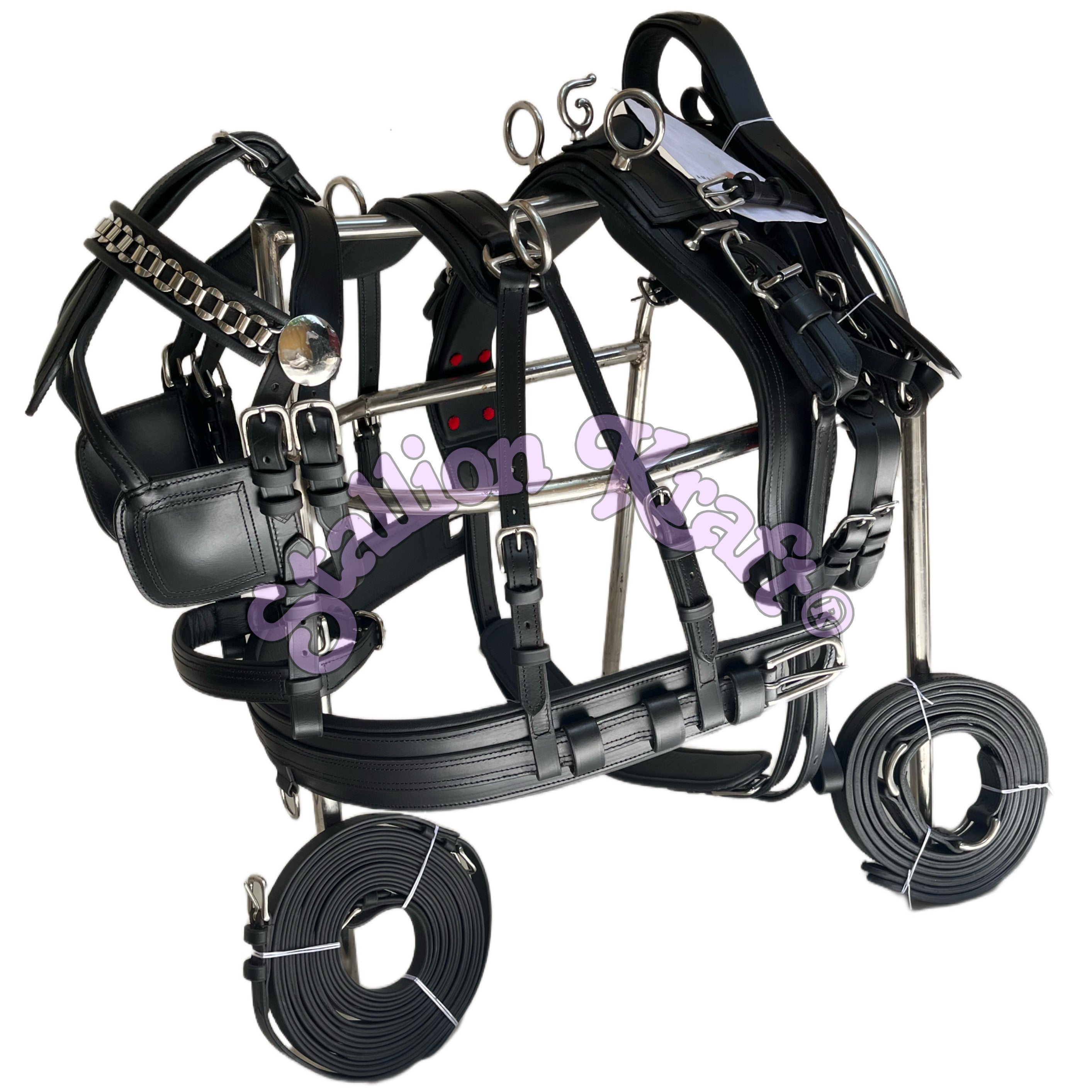 All Black English Pattern Horse Driving Harness with Chain Browband Full Grain Genuine Leather Carriage Harness Set