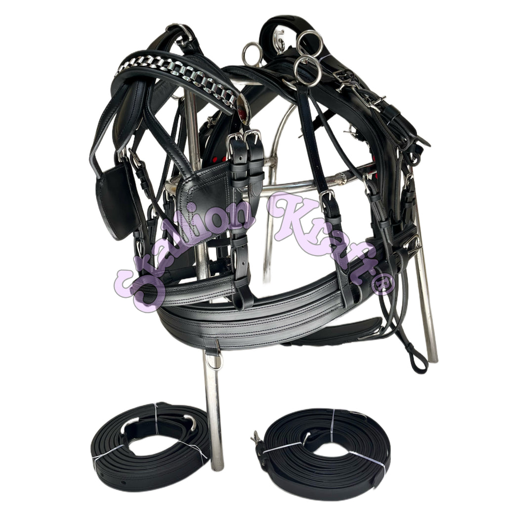 All Black English Pattern Horse Driving Harness with Chain Browband Full Grain Genuine Leather Carriage Harness Set