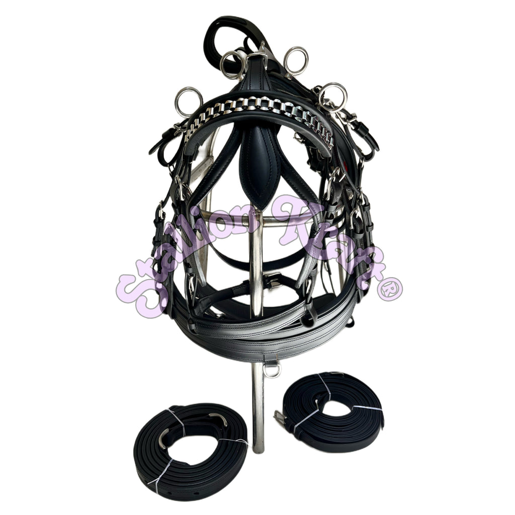All Black English Pattern Horse Driving Harness with Chain Browband Full Grain Genuine Leather Carriage Harness Set