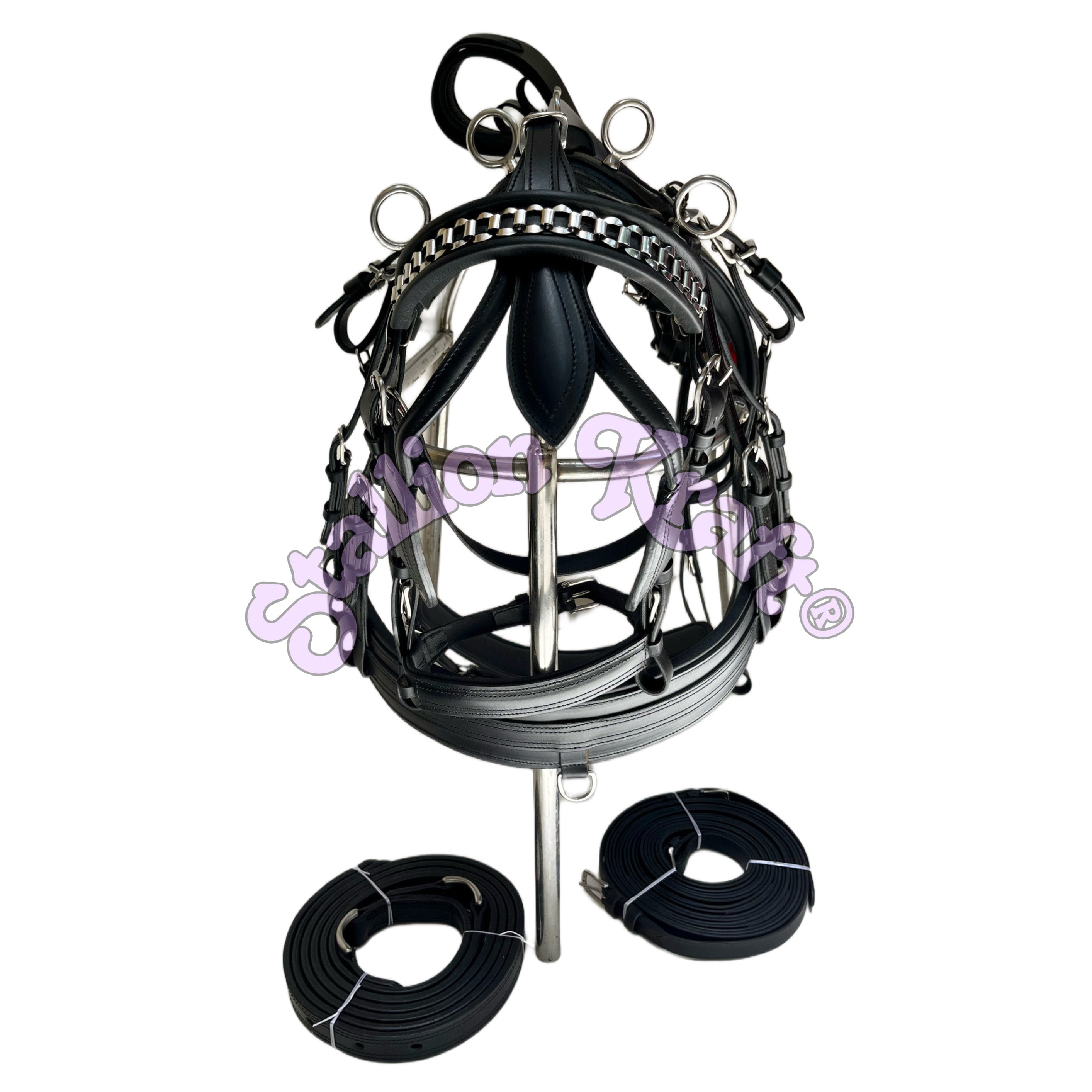 All Black English Pattern Horse Driving Harness with Chain Browband Full Grain Genuine Leather Carriage Harness Set