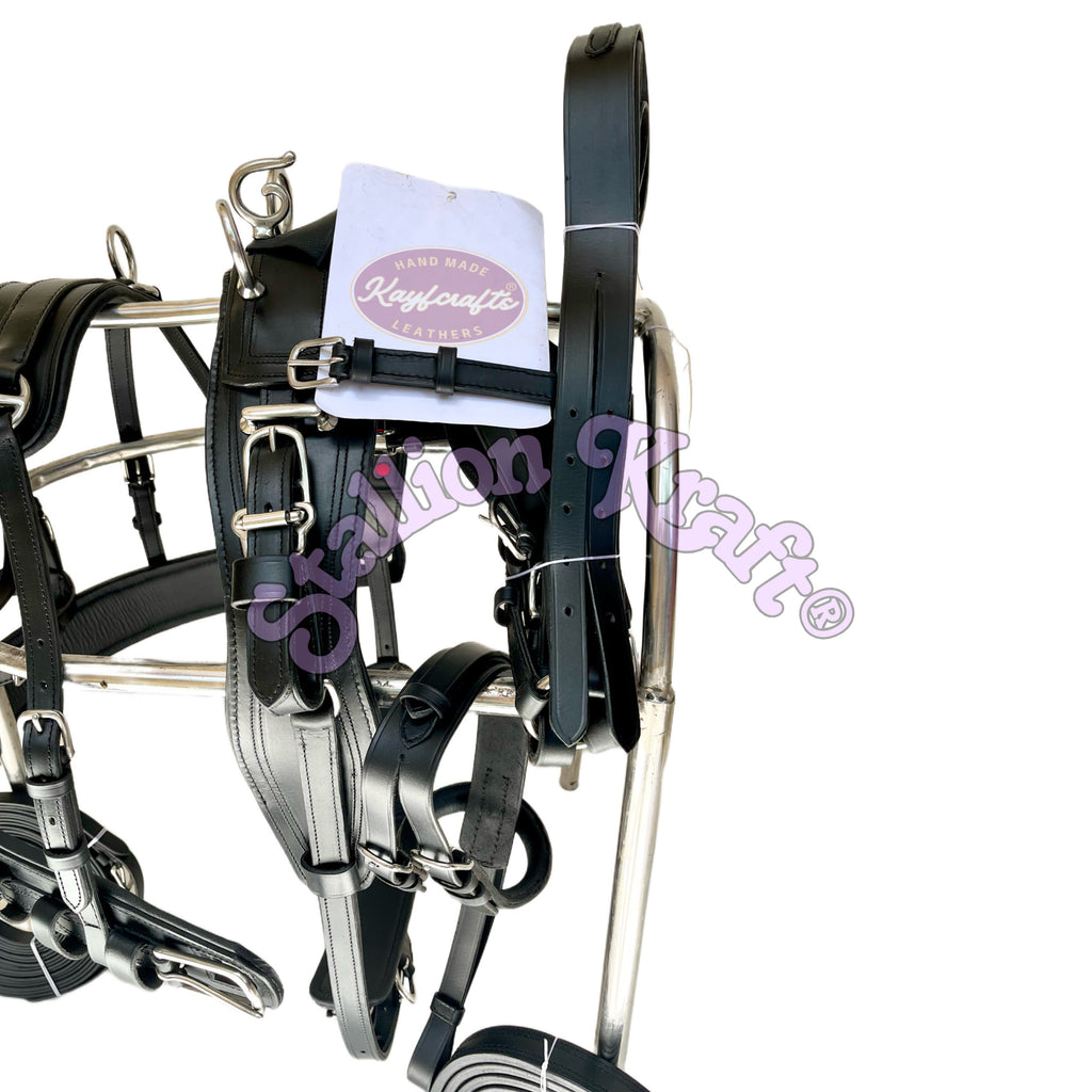 All Black English Pattern Horse Driving Harness with Chain Browband Full Grain Genuine Leather Carriage Harness Set