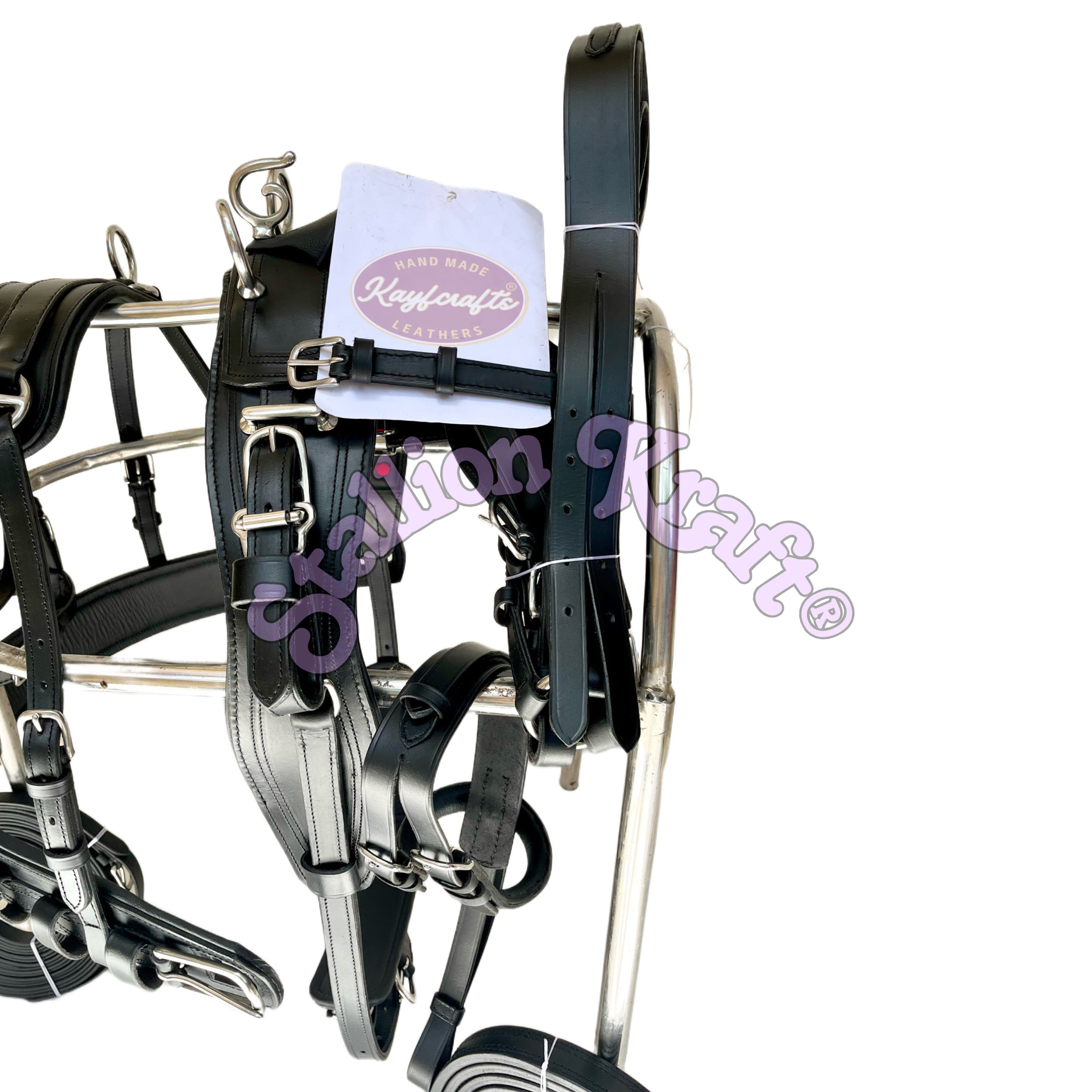 All Black English Pattern Horse Driving Harness with Chain Browband Full Grain Genuine Leather Carriage Harness Set