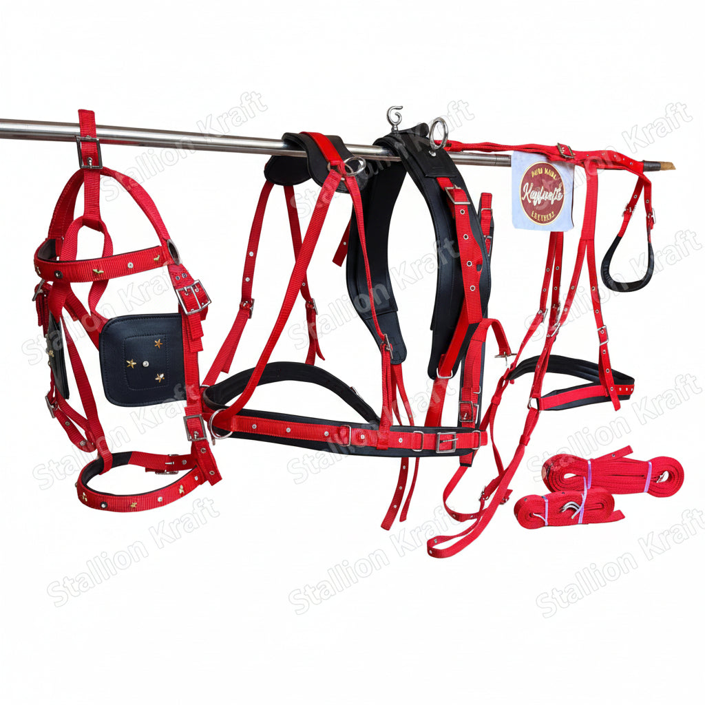 Handmade Red and Black Nylon Horse Driving Harness with Padded saddle, Breast collar, Breeching and Chrome fittings.