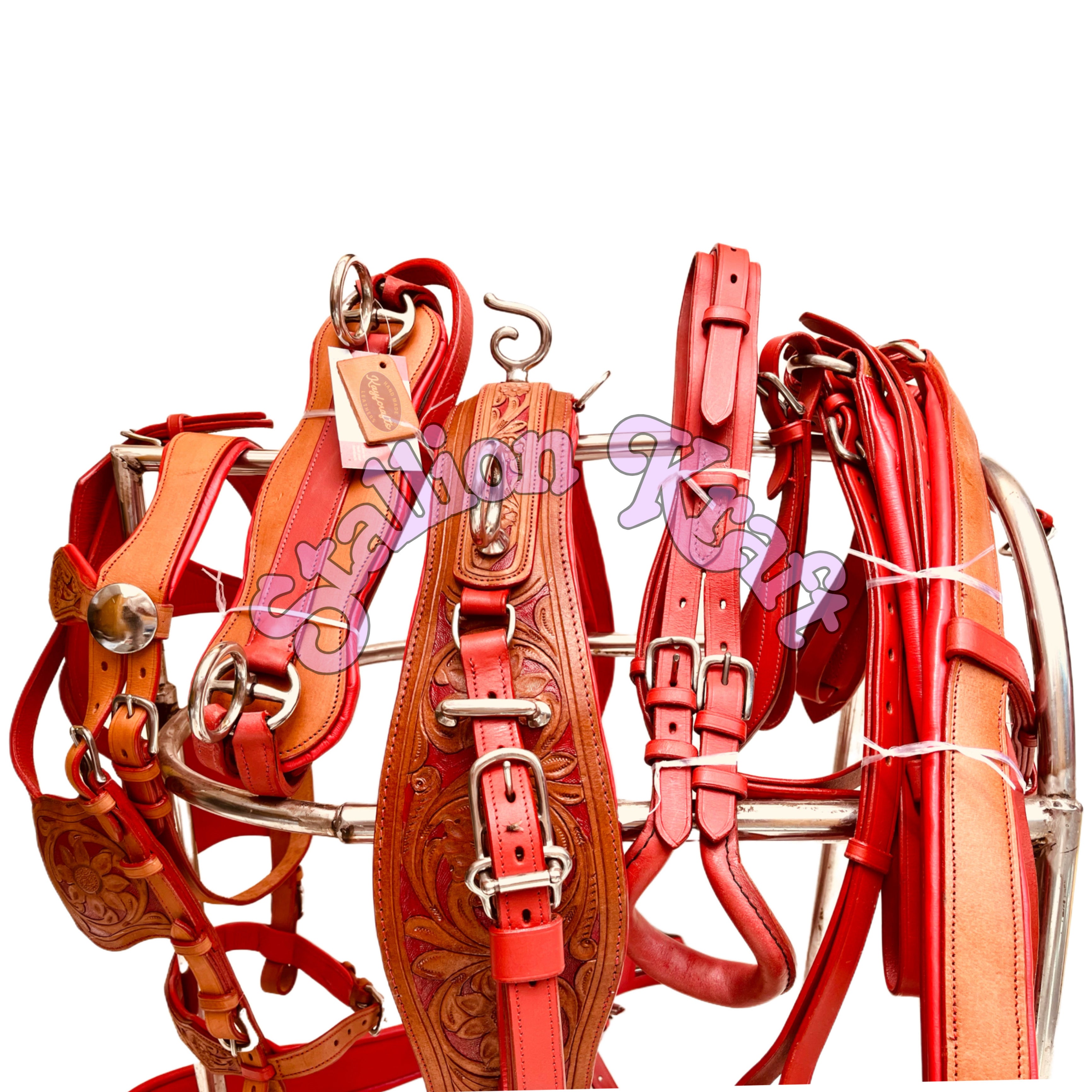 Premium Full Grain Leather Horse Driving Harness Set  Natural and Red Carriage Buggy Harness with Breeching and Traces
