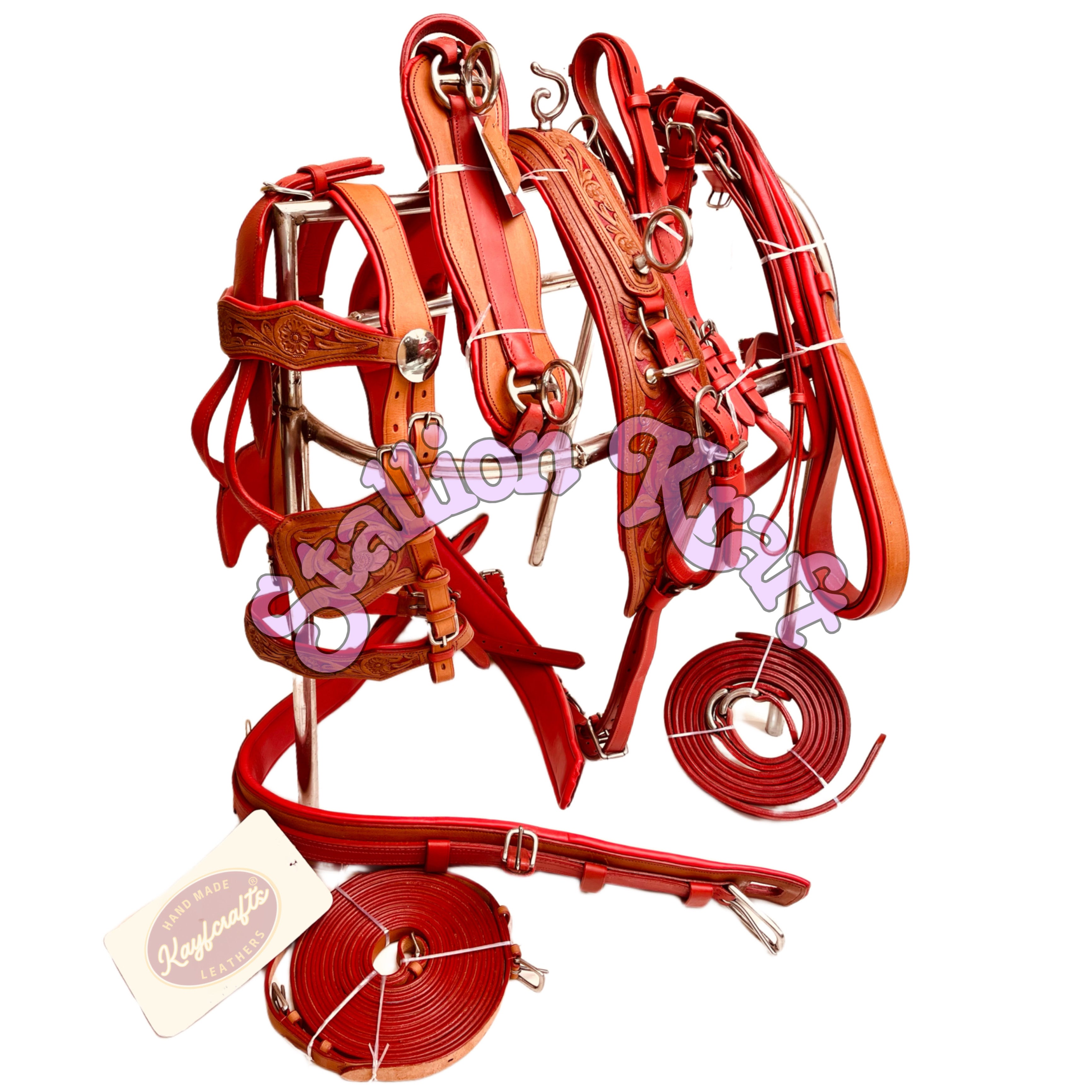 Premium Full Grain Leather Horse Driving Harness Set  Natural and Red Carriage Buggy Harness with Breeching and Traces