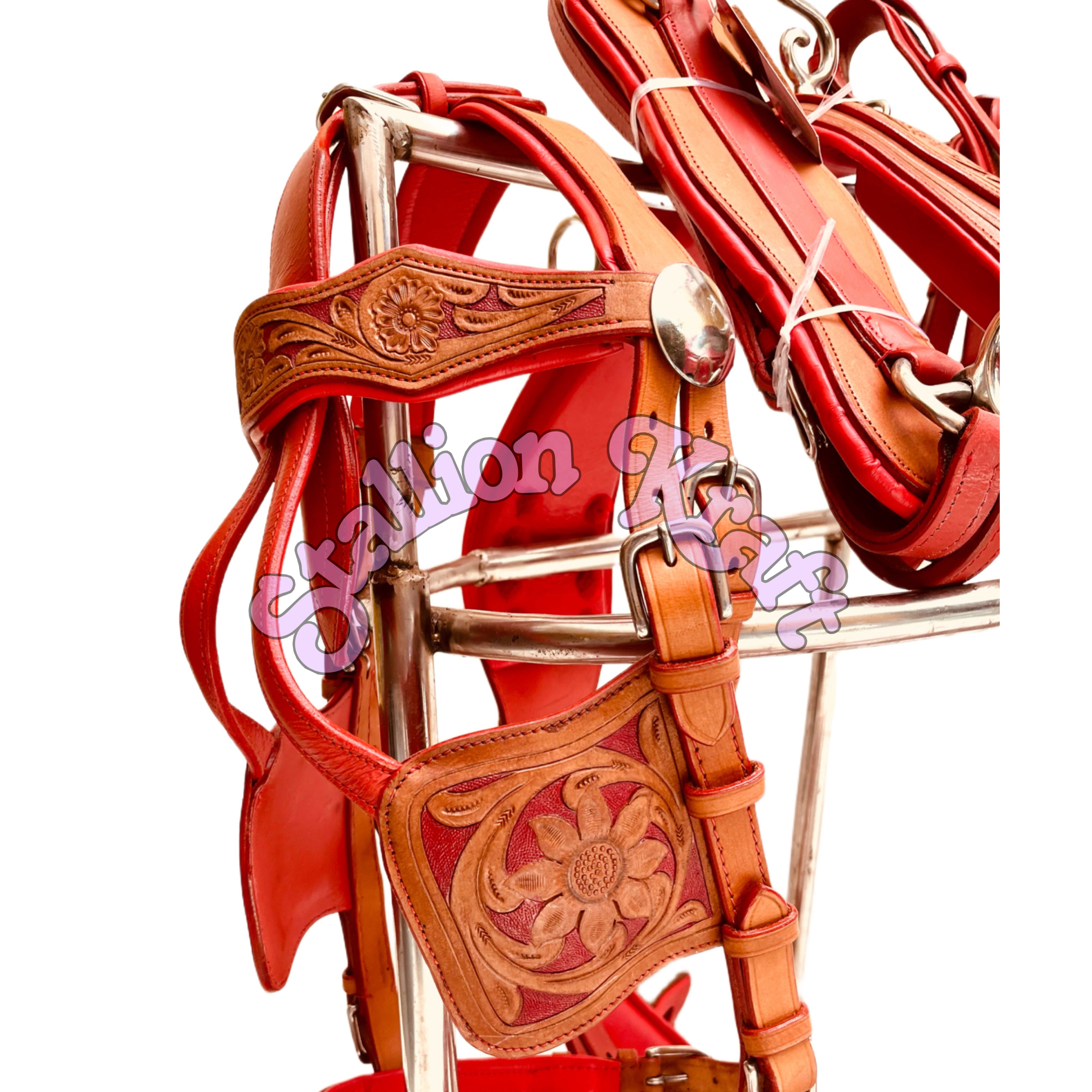 Premium Full Grain Leather Horse Driving Harness Set  Natural and Red Carriage Buggy Harness with Breeching and Traces