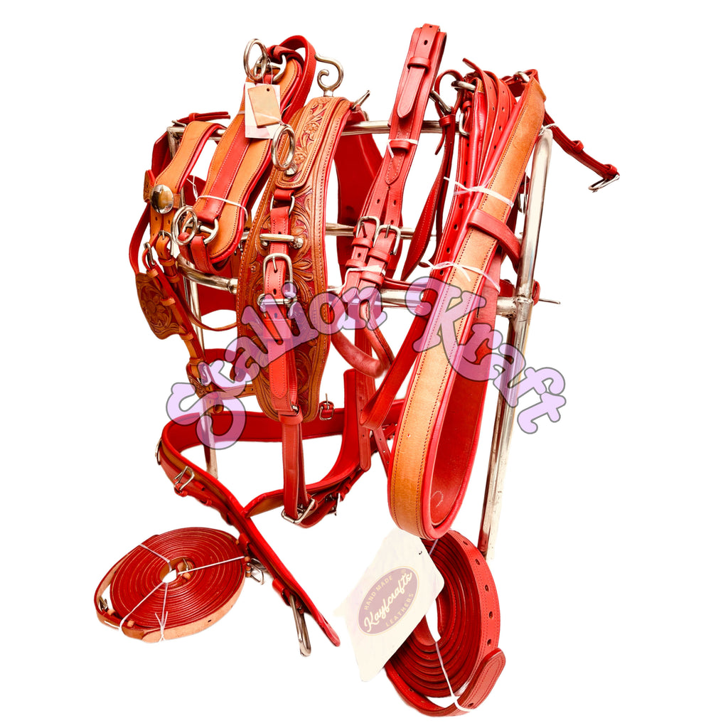 Premium Full Grain Leather Horse Driving Harness Set  Natural and Red Carriage Buggy Harness with Breeching and Traces
