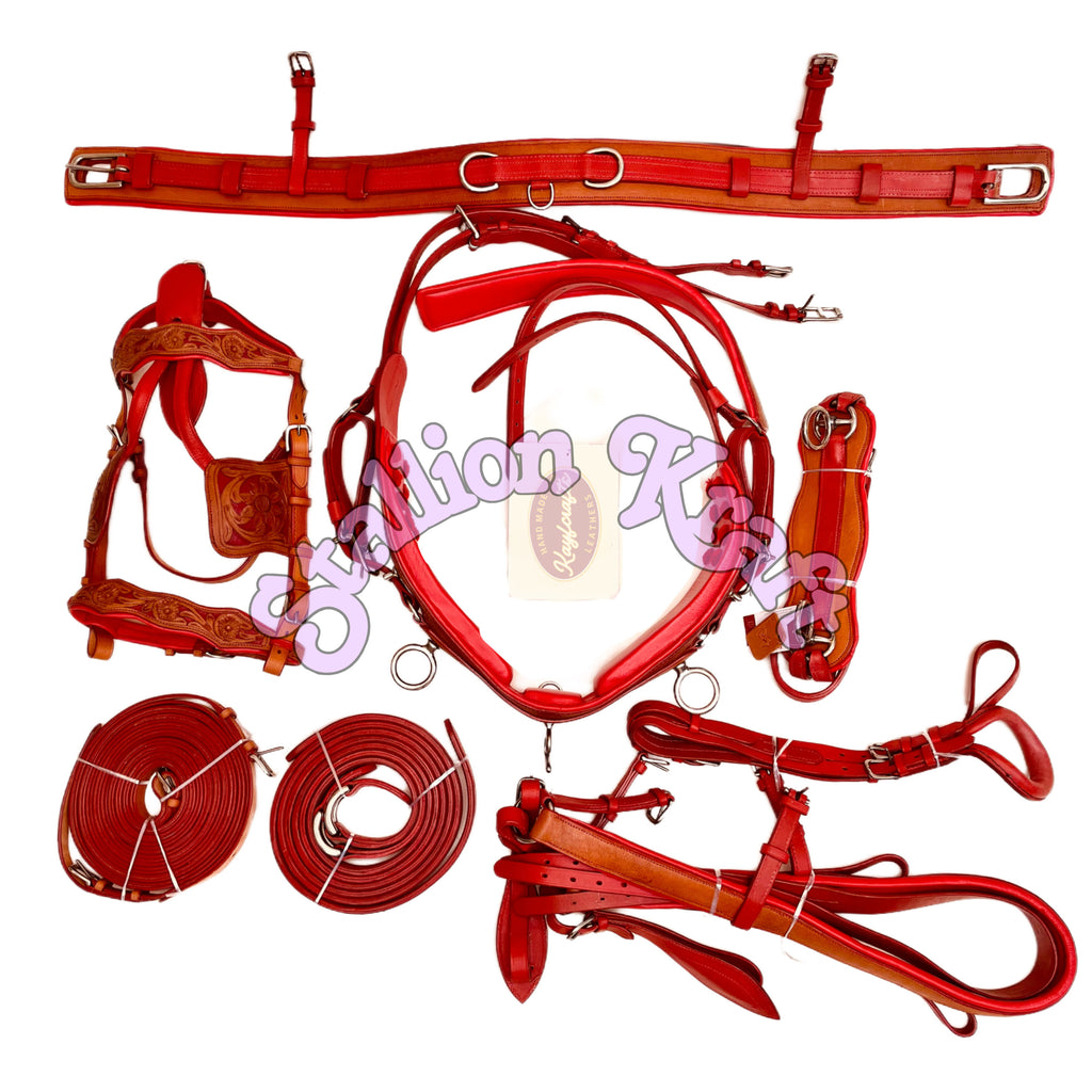 Premium Full Grain Leather Horse Driving Harness Set  Natural and Red Carriage Buggy Harness with Breeching and Traces