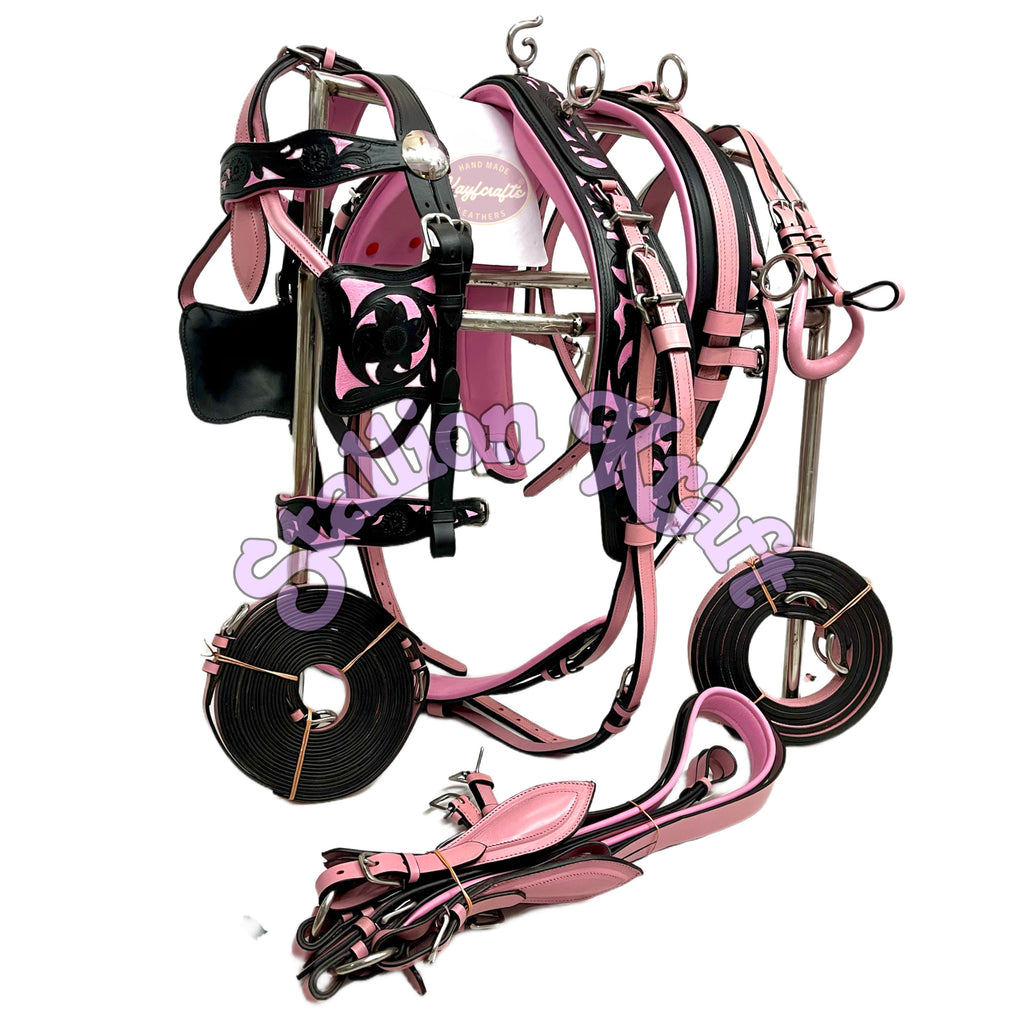 Oiled Black & Pink Horse Driving Harness – Full Grain Leather Carriage Harness Set with Breeching