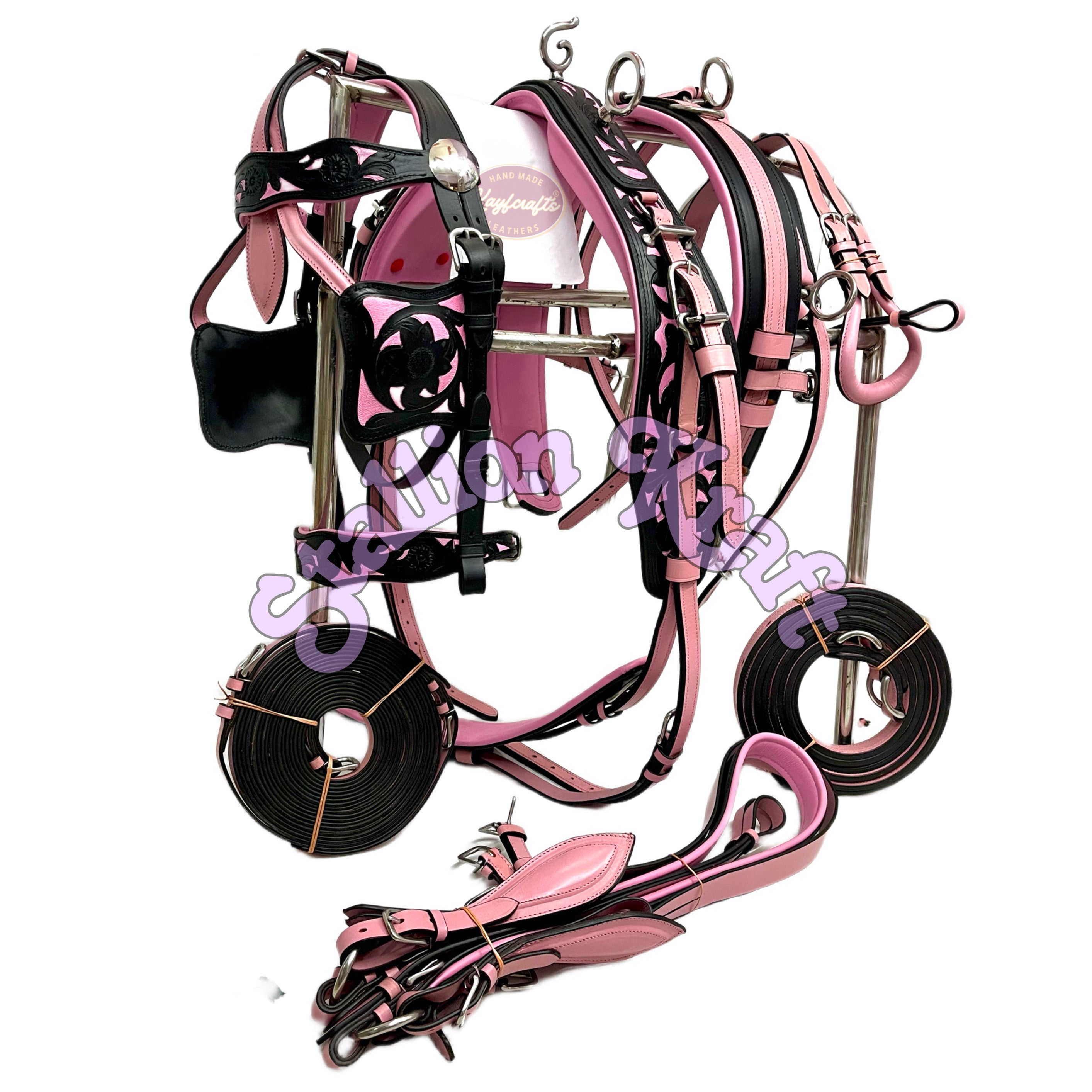 Oiled Black & Pink Horse Driving Harness – Full Grain Leather Carriage Harness Set with Breeching