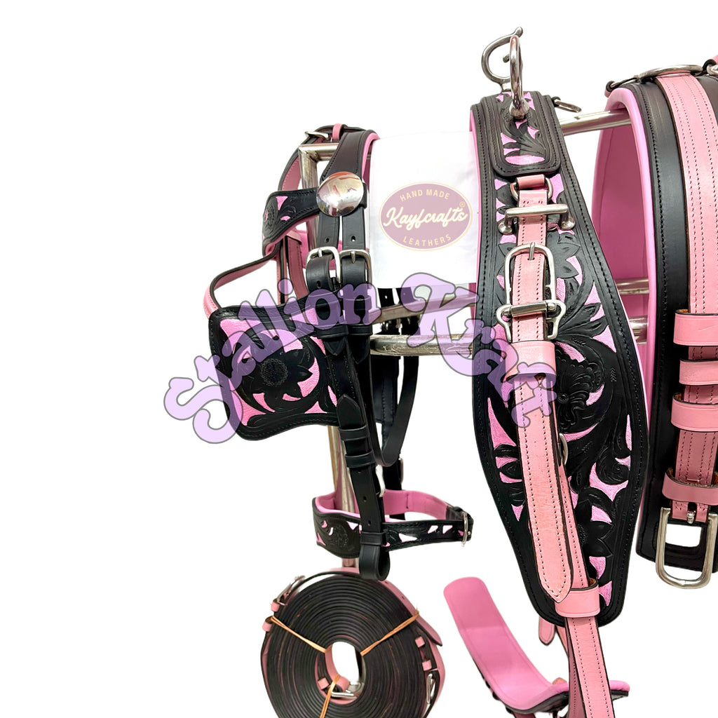 Oiled Black & Pink Horse Driving Harness – Full Grain Leather Carriage Harness Set with Breeching