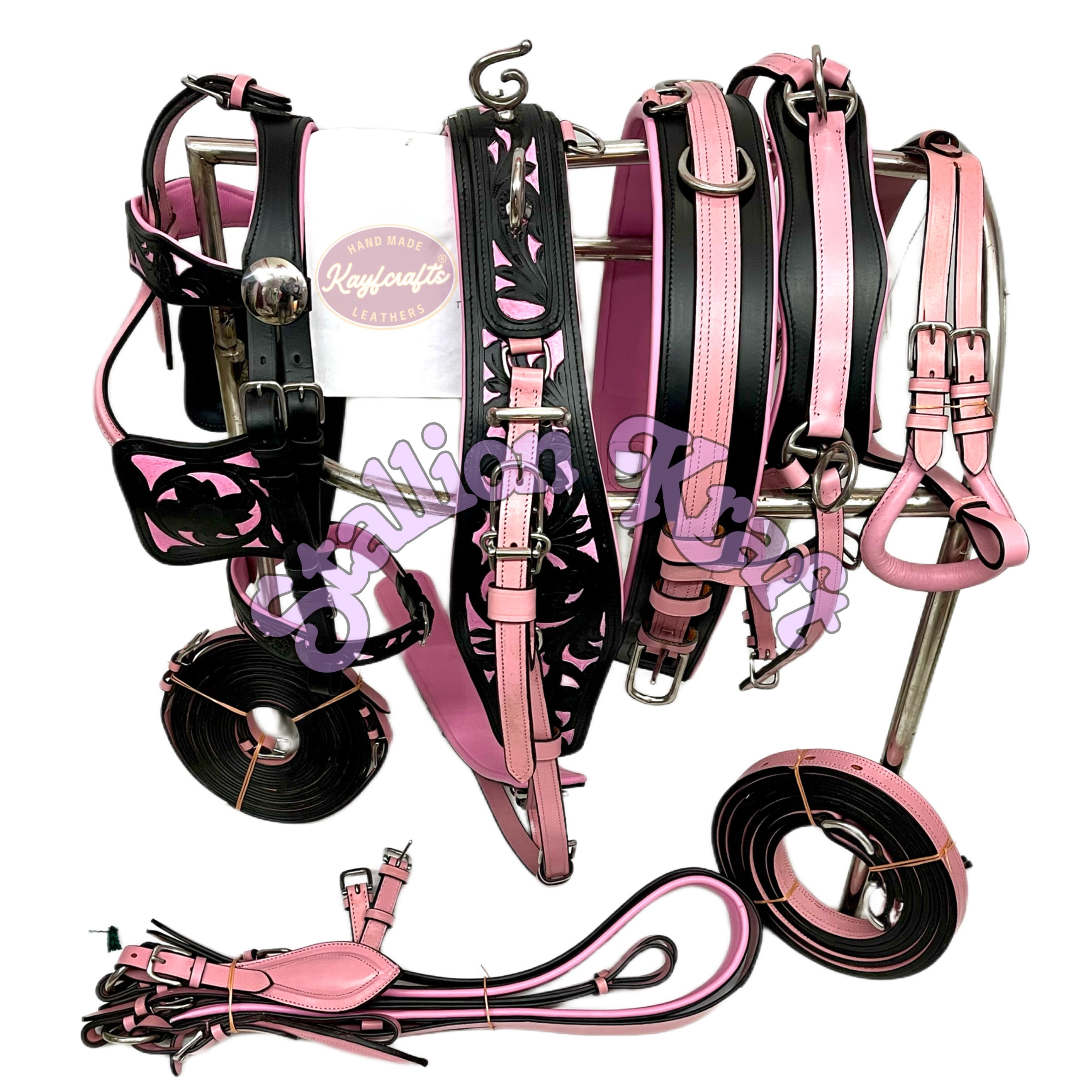 Oiled Black & Pink Horse Driving Harness – Full Grain Leather Carriage Harness Set with Breeching