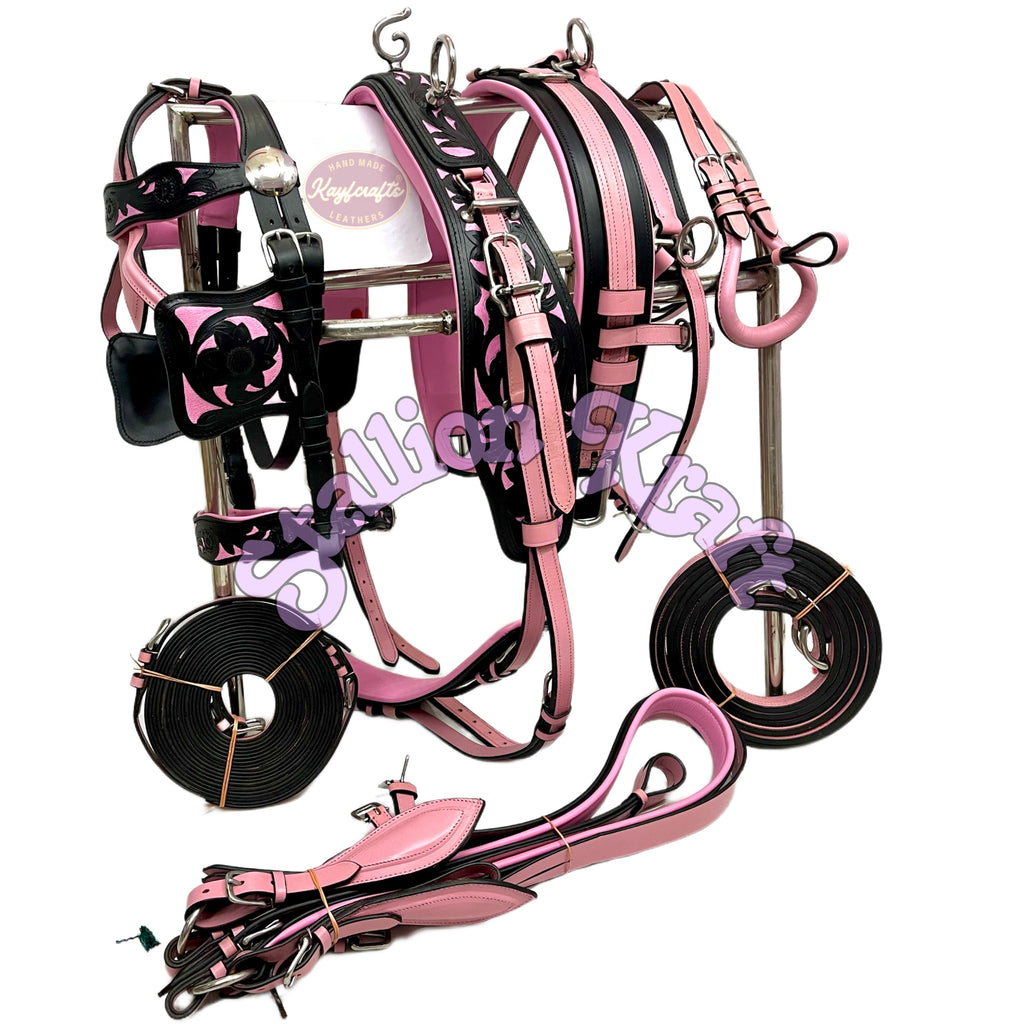 Oiled Black & Pink Horse Driving Harness – Full Grain Leather Carriage Harness Set with Breeching