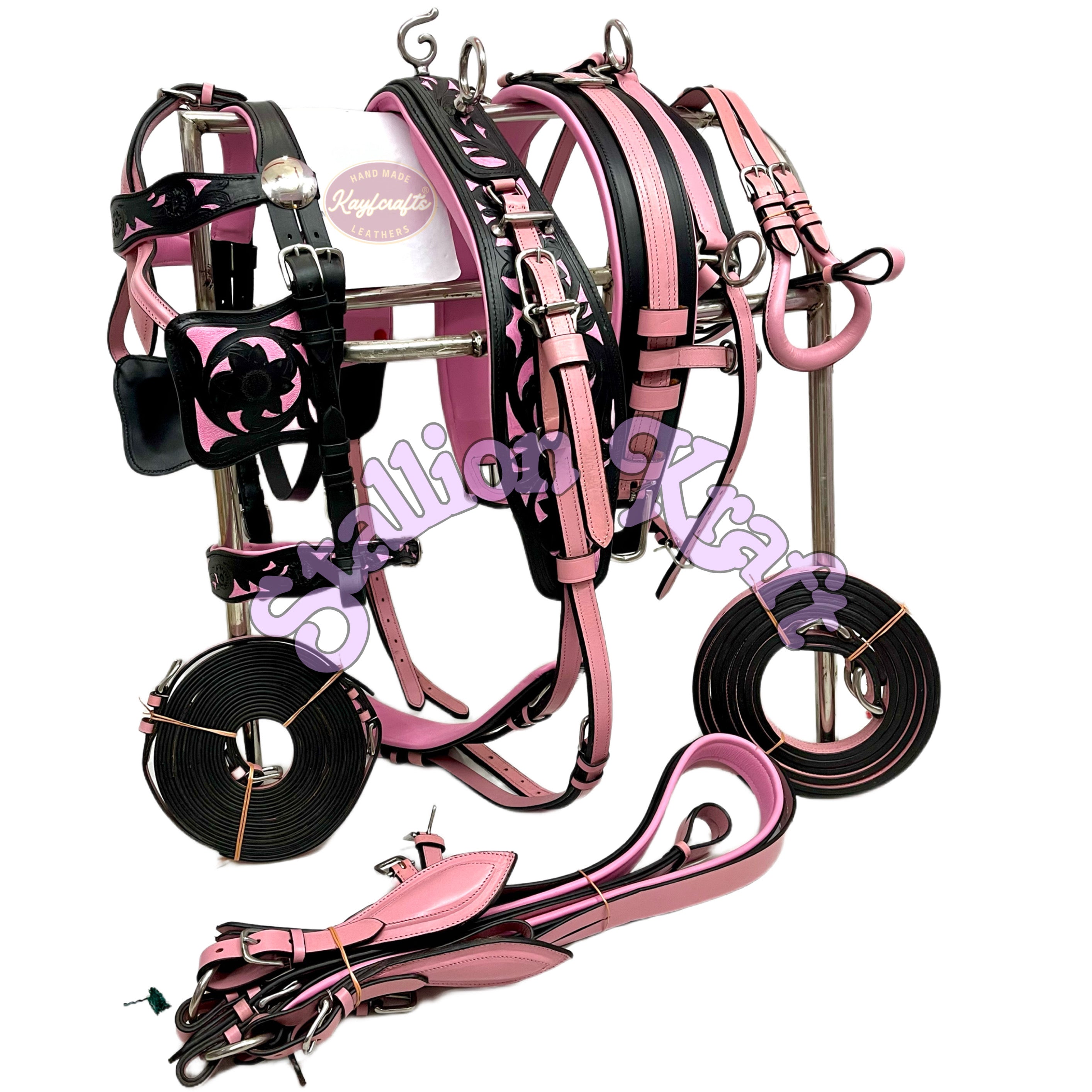Oiled Black & Pink Horse Driving Harness – Full Grain Leather Carriage Harness Set with Breeching
