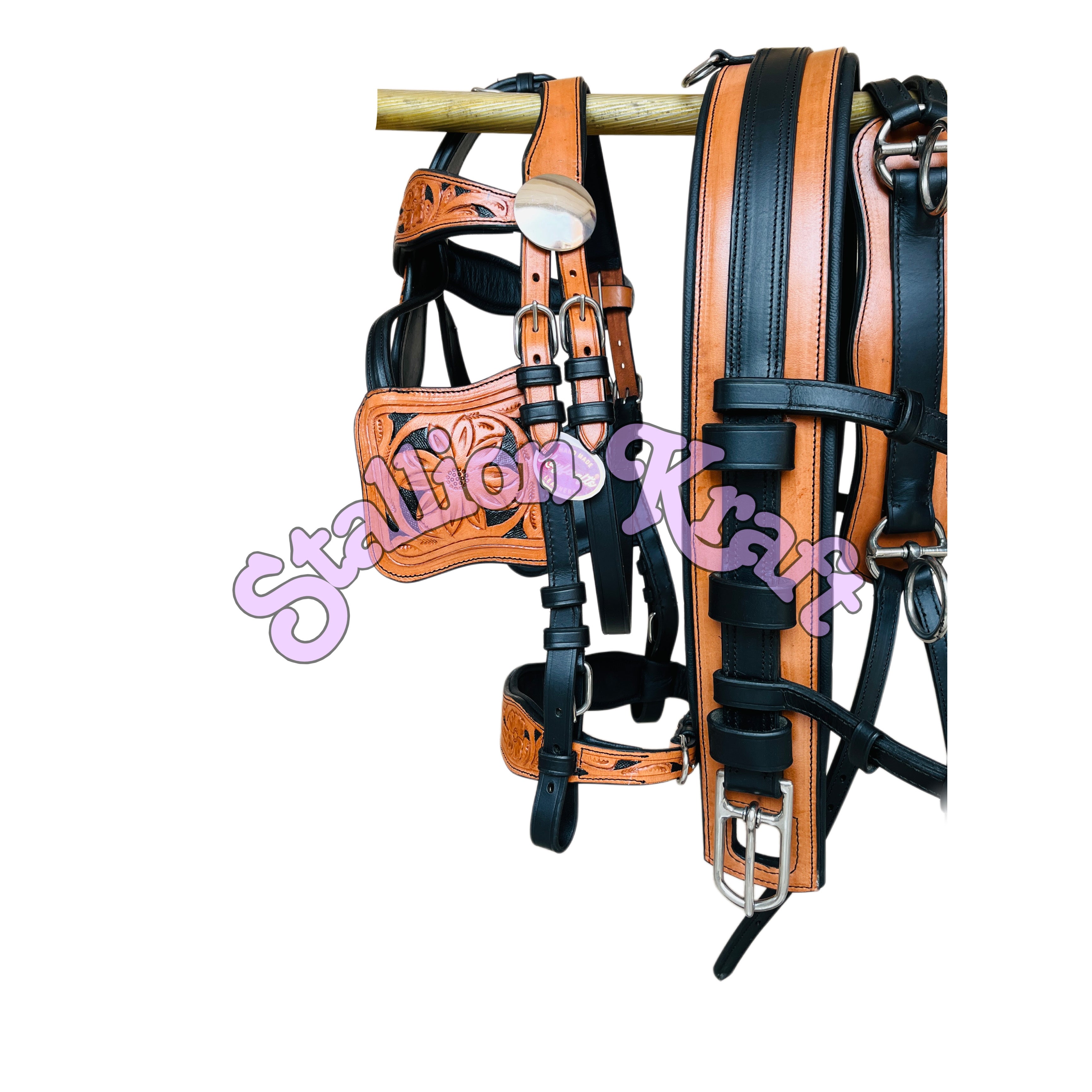 Genuine Full Grain Leather Horse Driving Harness Set Dual Tone Black & Natural Carriage Buggy Harness with Stainless Steel Fittings