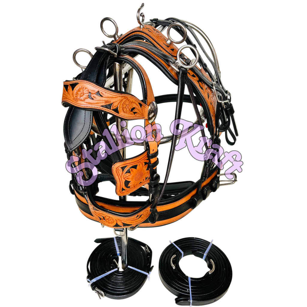 Genuine Full Grain Leather Horse Driving Harness Set Dual Tone Black & Natural Carriage Buggy Harness with Stainless Steel Fittings