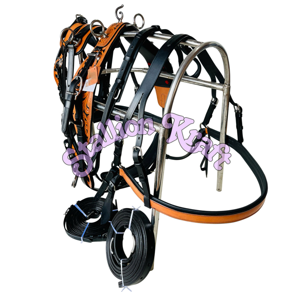 Genuine Full Grain Leather Horse Driving Harness Set Dual Tone Black & Natural Carriage Buggy Harness with Stainless Steel Fittings