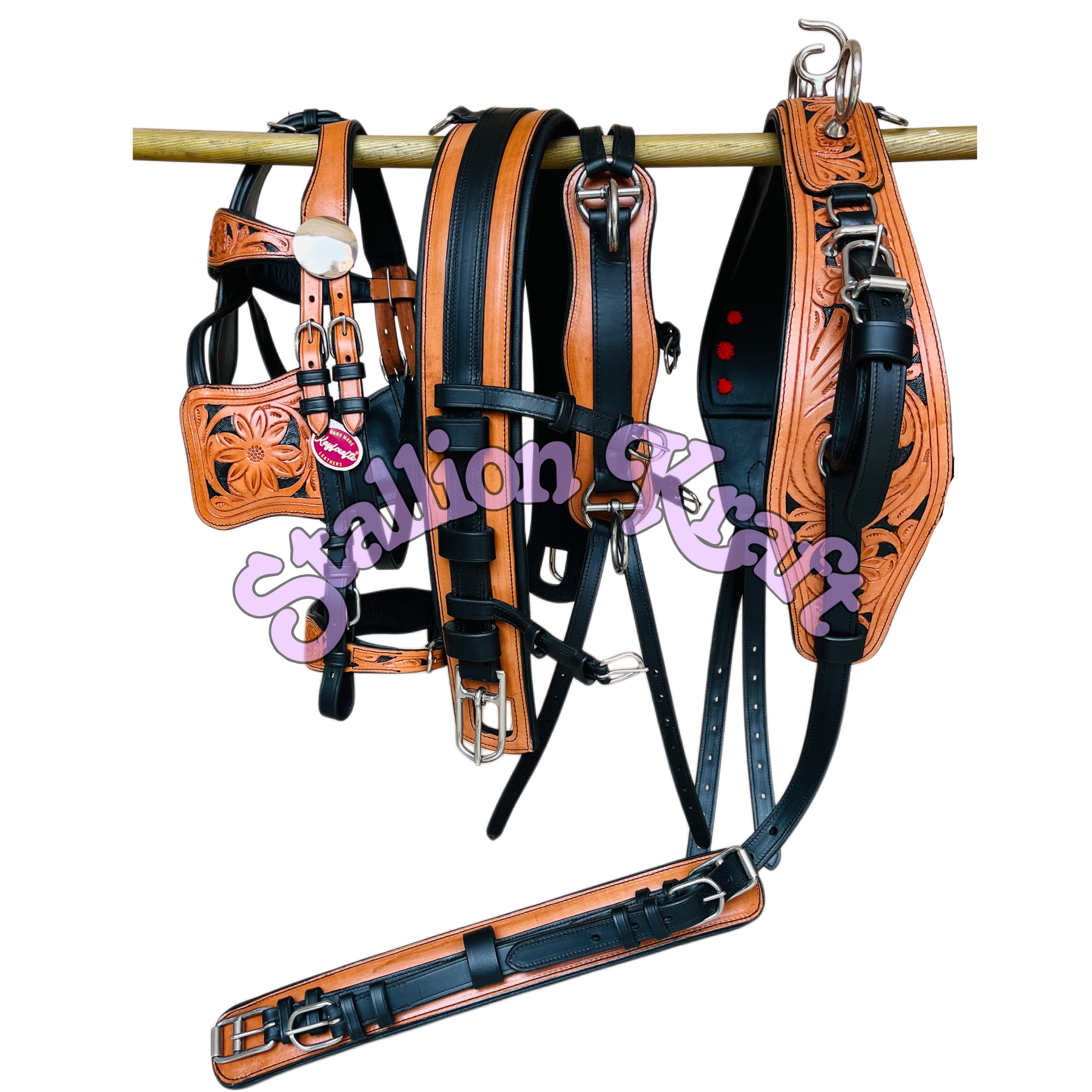 Genuine Full Grain Leather Horse Driving Harness Set Dual Tone Black & Natural Carriage Buggy Harness with Stainless Steel Fittings