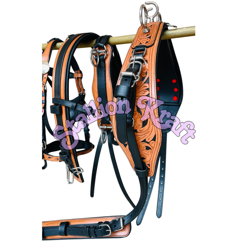 Genuine Full Grain Leather Horse Driving Harness Set Dual Tone Black & Natural Carriage Buggy Harness with Stainless Steel Fittings
