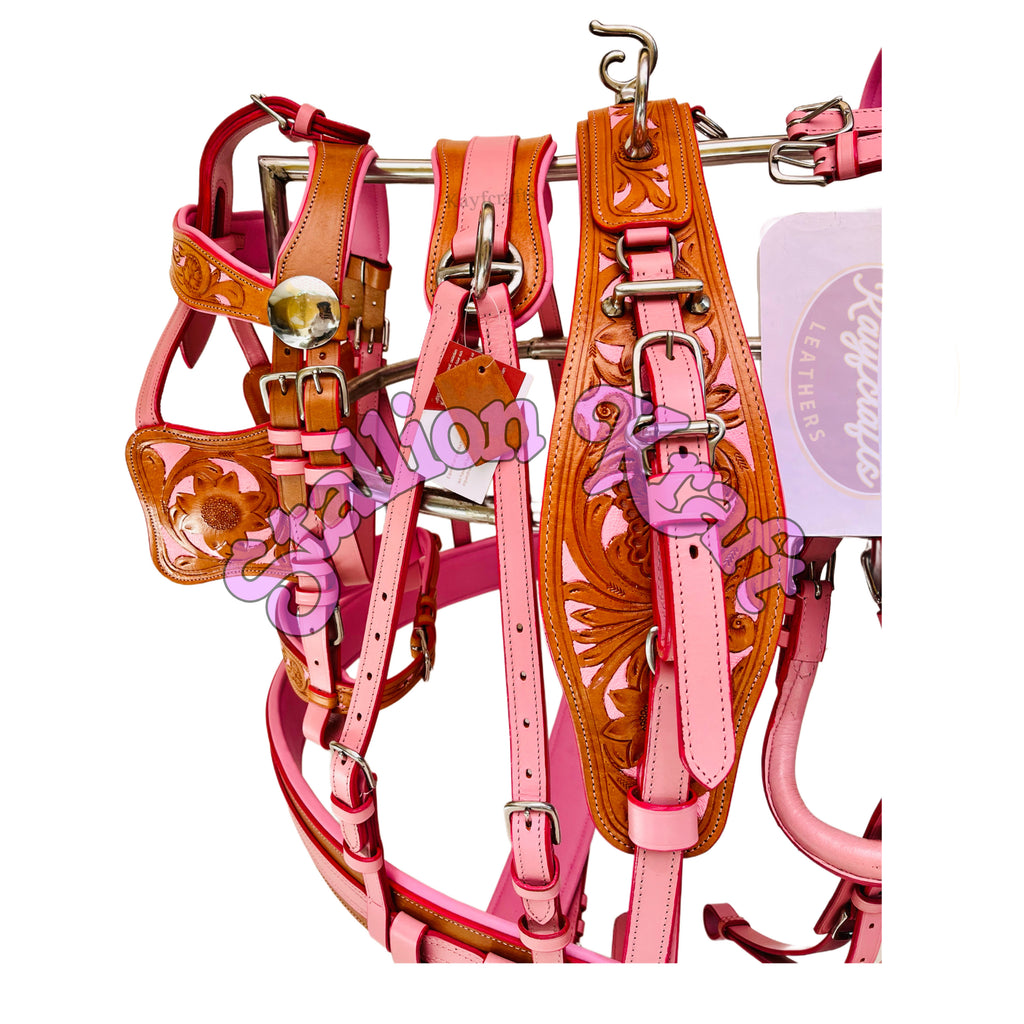 Handmade Leather Horse Driving Harness Set  Dual Tone Natural & Pink Complete Buggy Harness with Traces